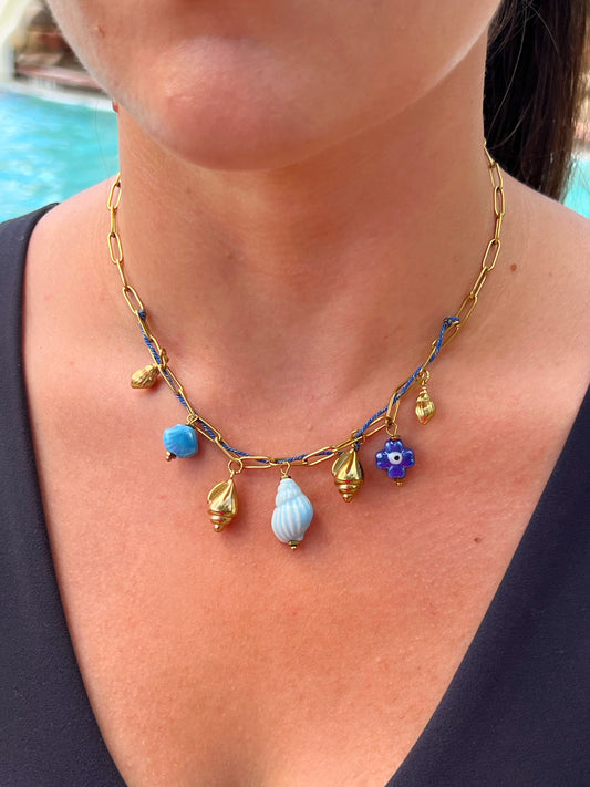 Blue Seashell & Evil Eye Charm Necklace