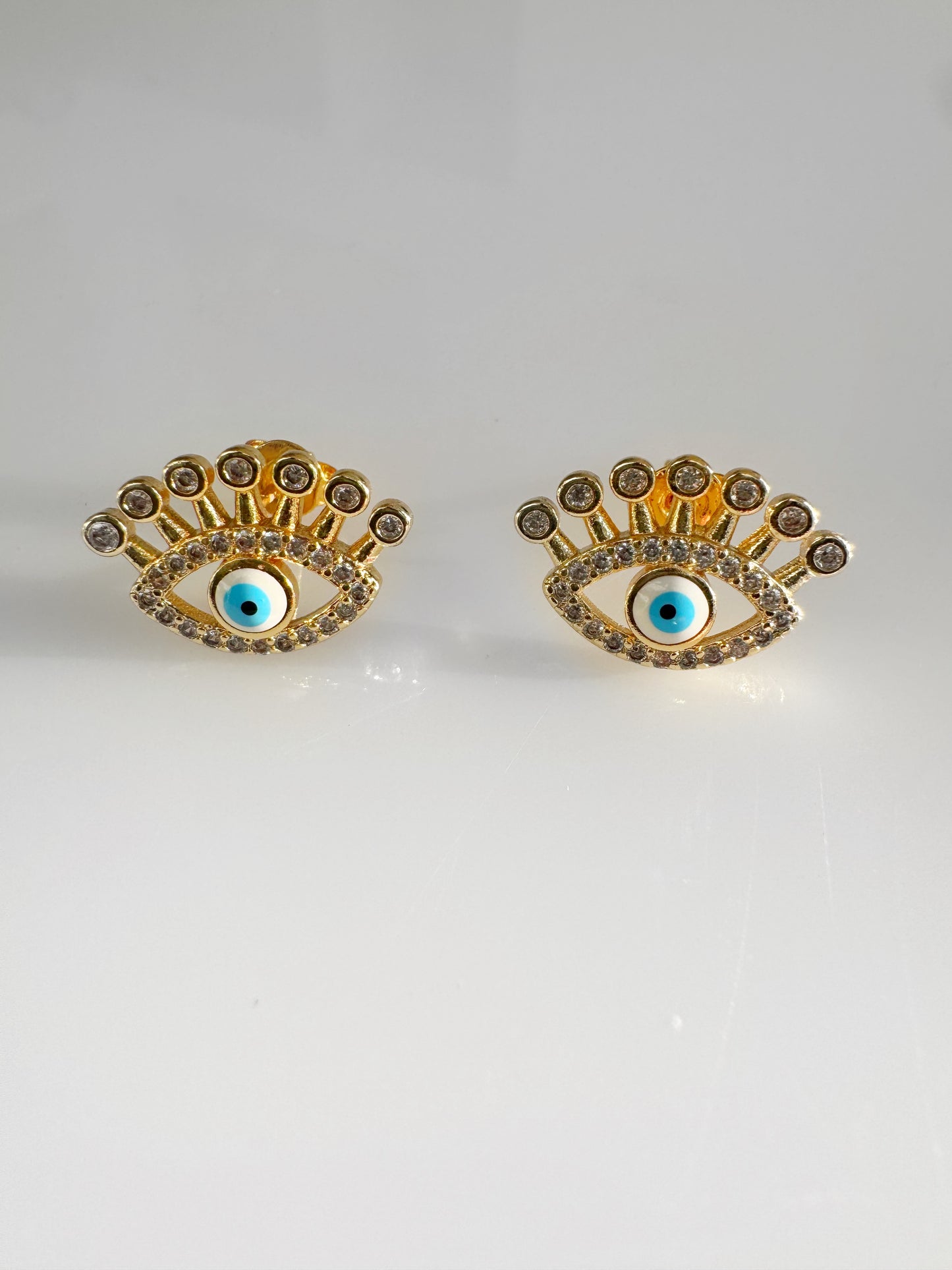 Crowned Evil Eye Stud Earrings – Gold Crystal Luxe