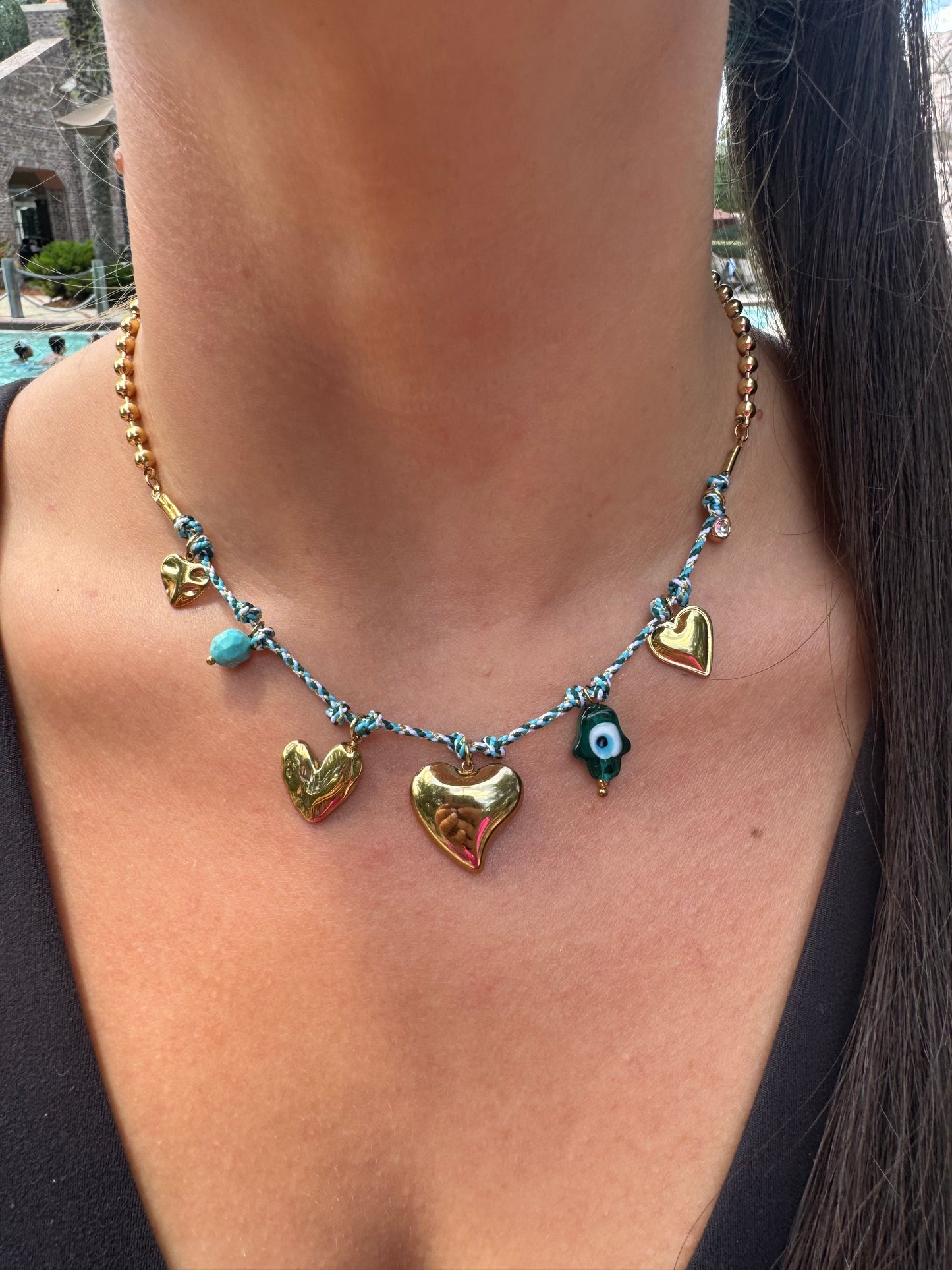 Golden Hearts & Glass Hamsa Necklace