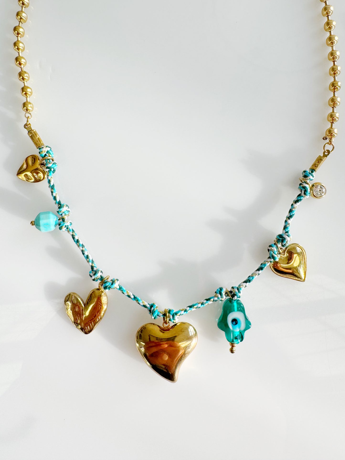 Golden Hearts & Glass Hamsa Necklace