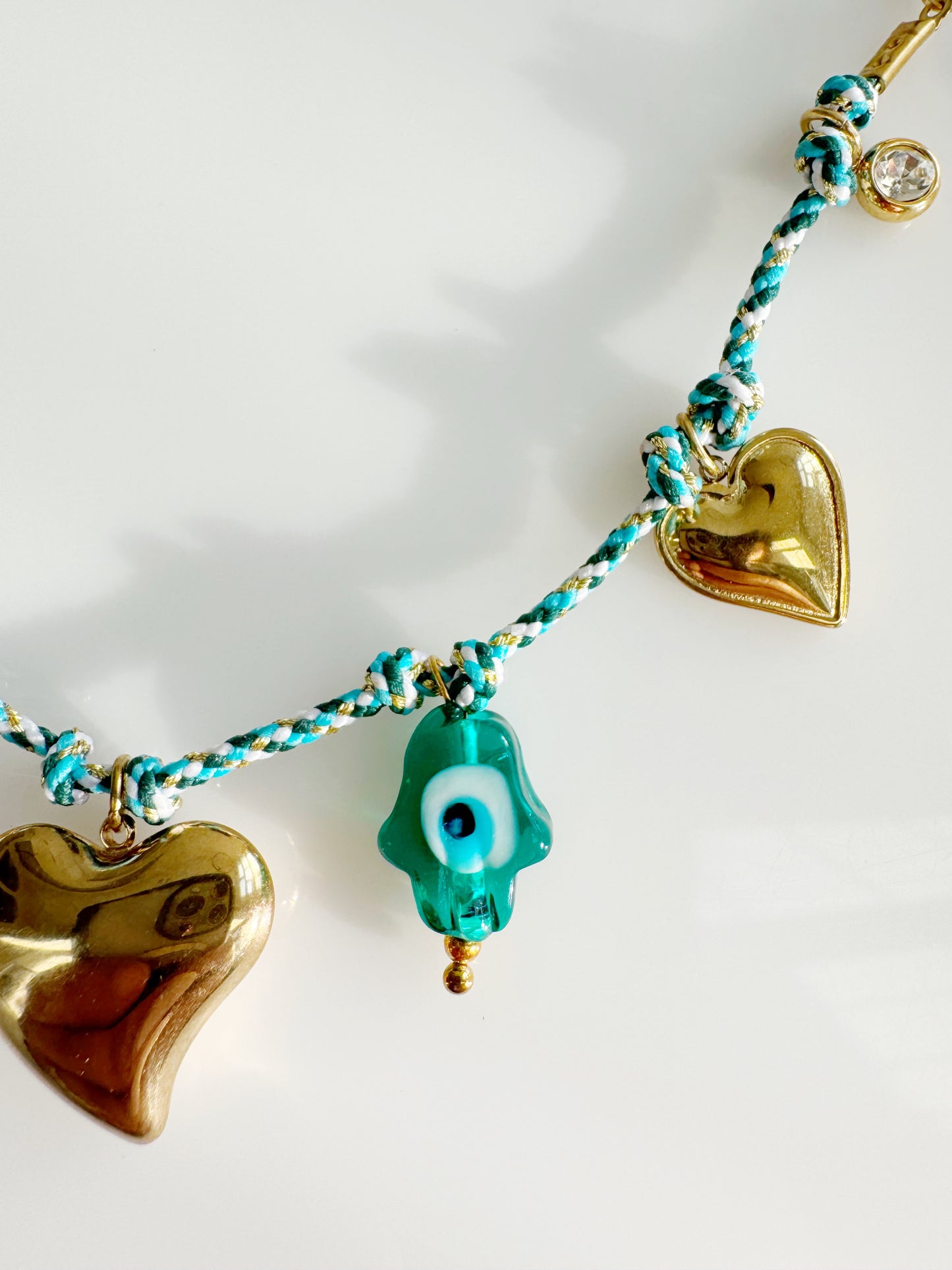 Golden Hearts & Glass Hamsa Necklace