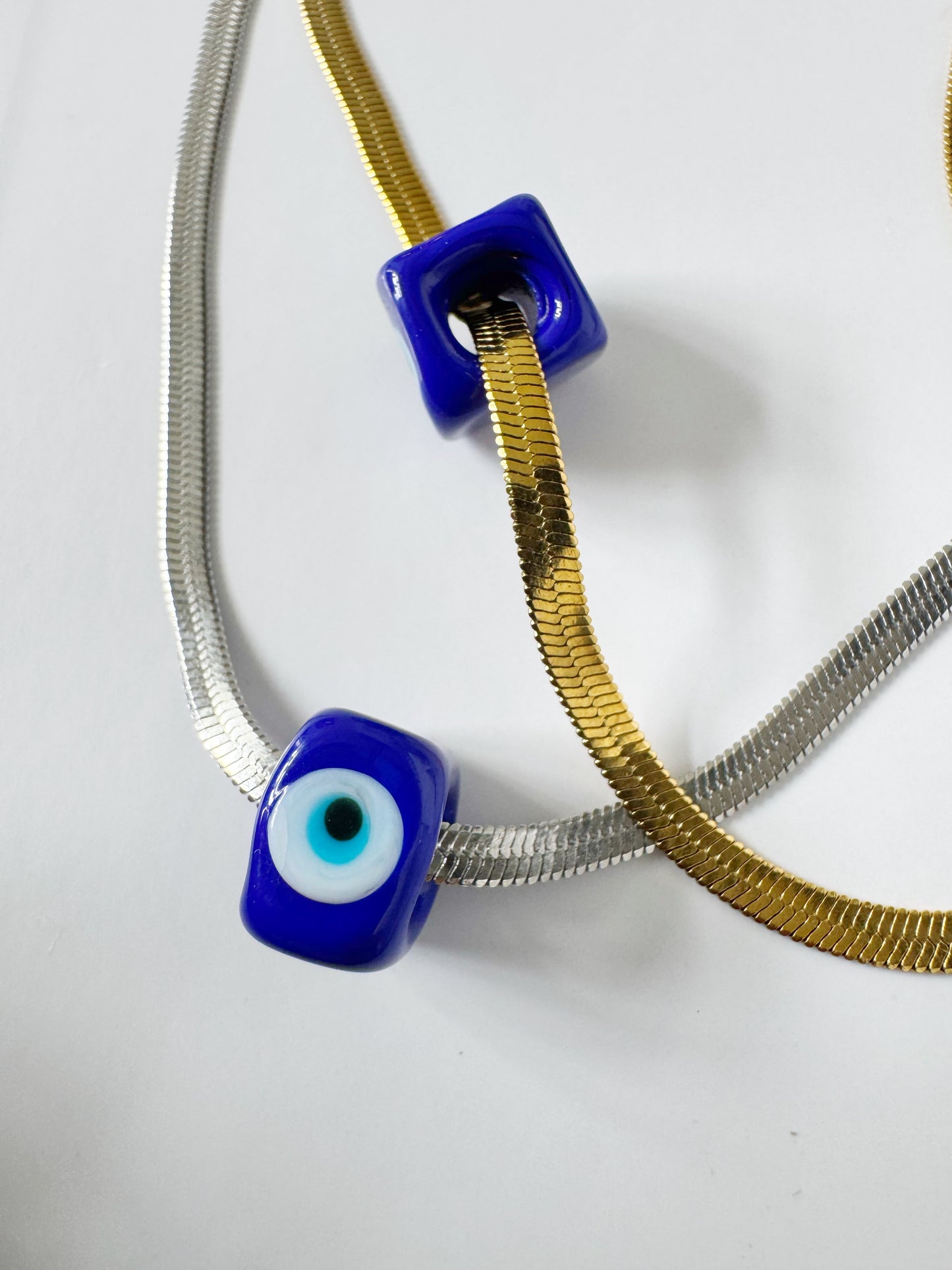 Evil Eye Blue Cube Herringbone Necklace