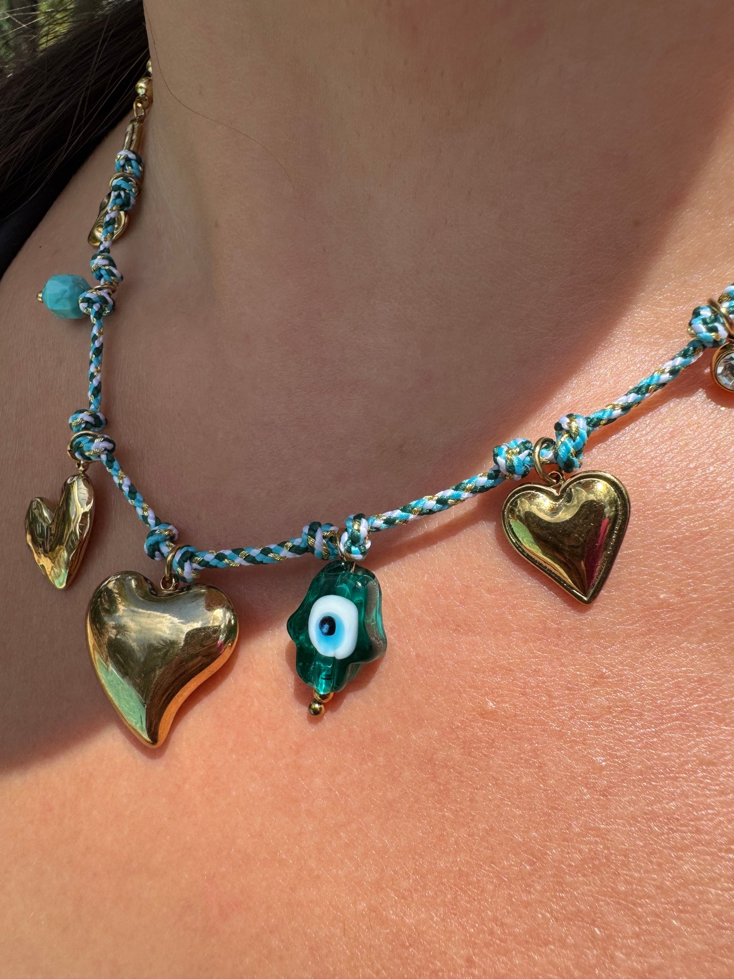 Golden Hearts & Glass Hamsa Necklace
