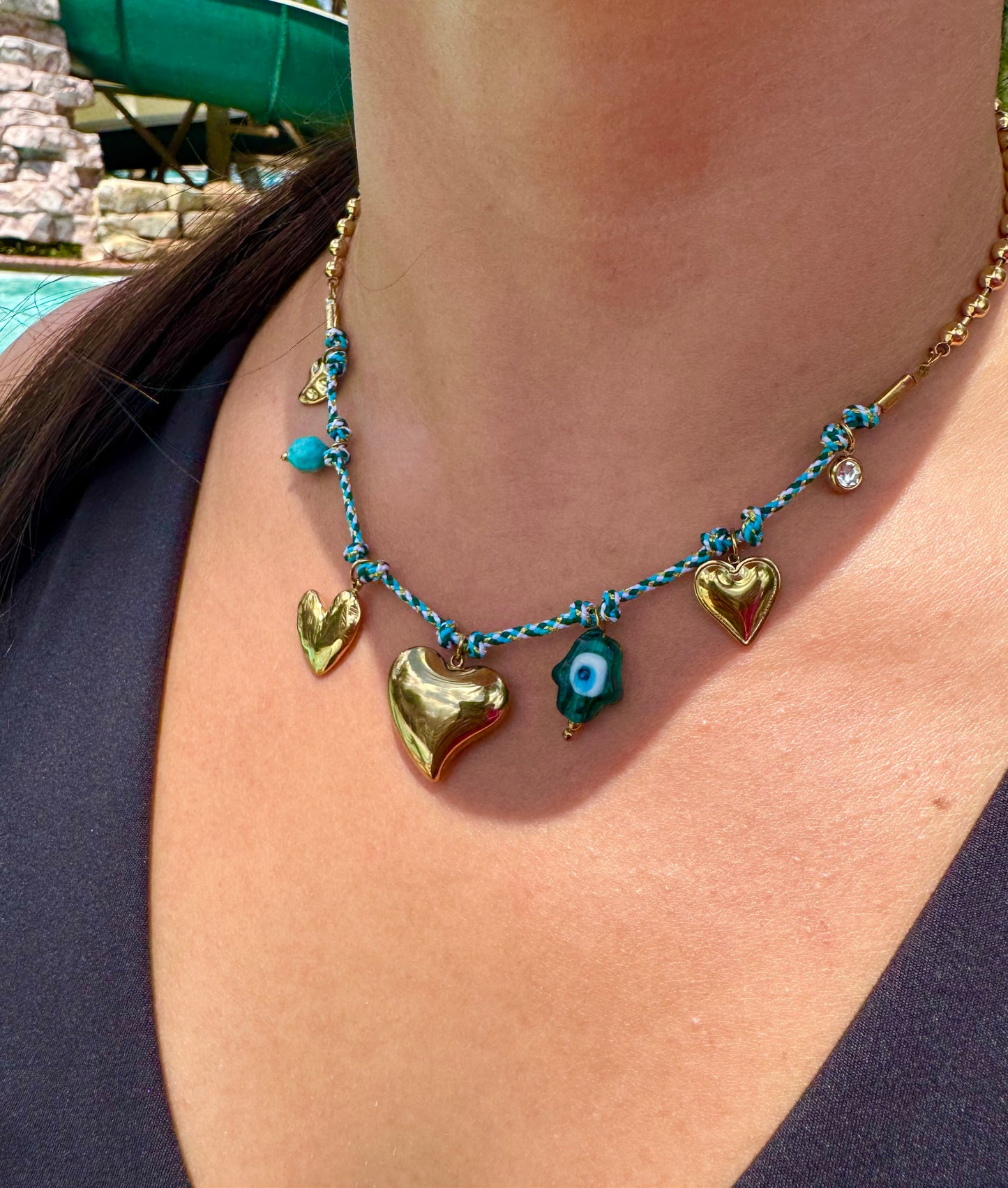 Golden Hearts & Glass Hamsa Necklace
