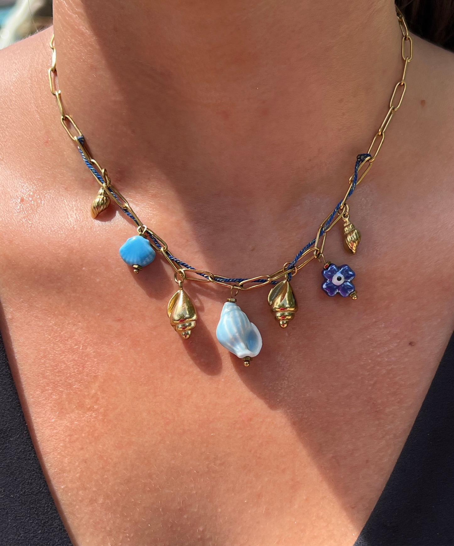 Blue Seashell & Evil Eye Charm Necklace