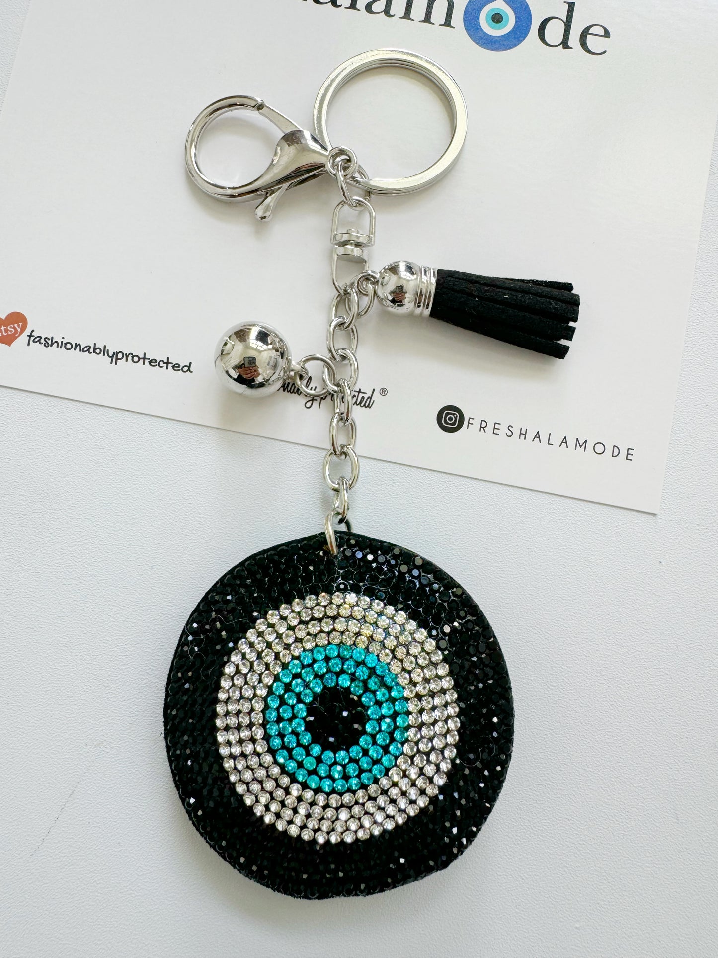 Black Evil Eye Crystal Keychain Clip