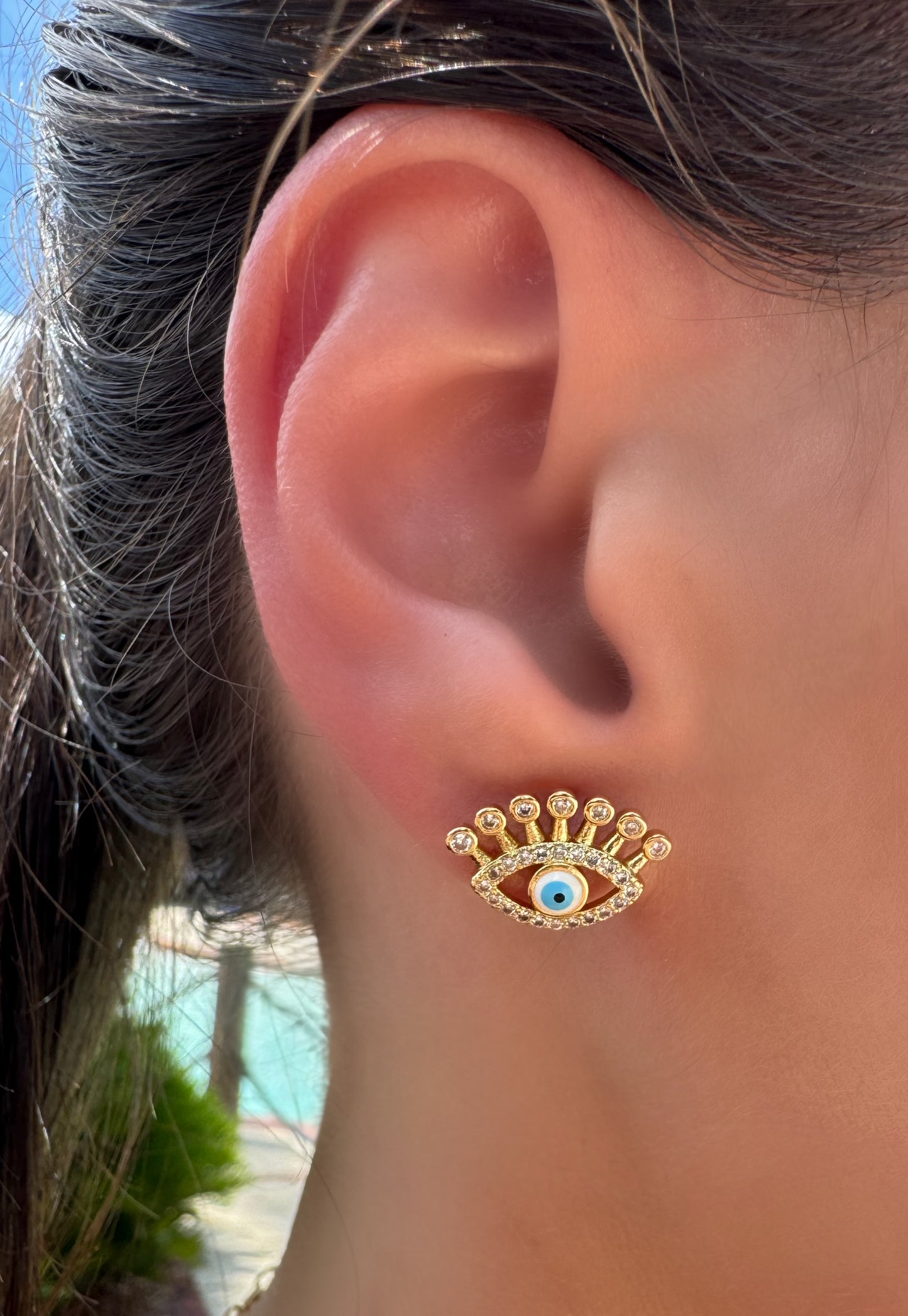 Crowned Evil Eye Stud Earrings – Gold Crystal Luxe