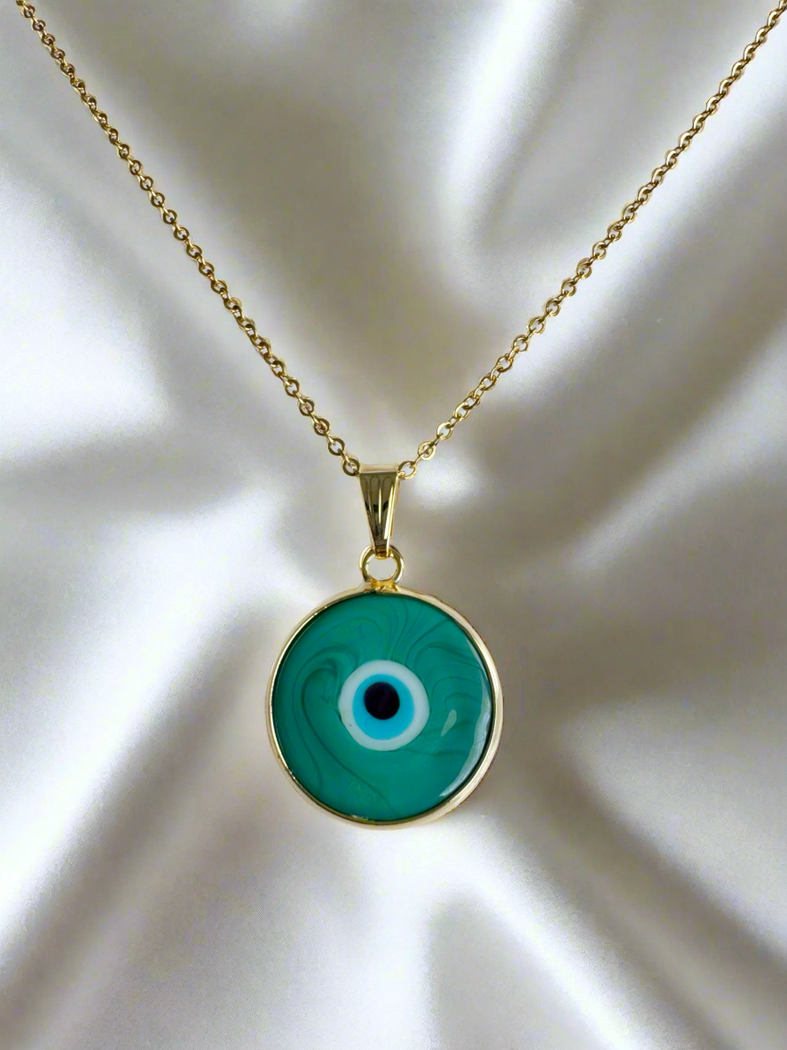 Green Glass Evil Eye 24kt brushed Amulet with chain