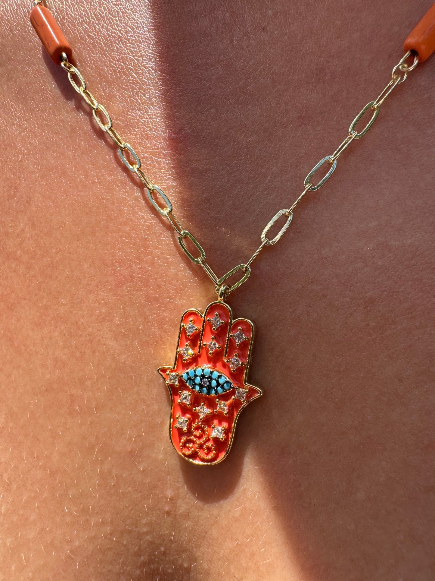 Orange Hamsa Hand Layering Necklace