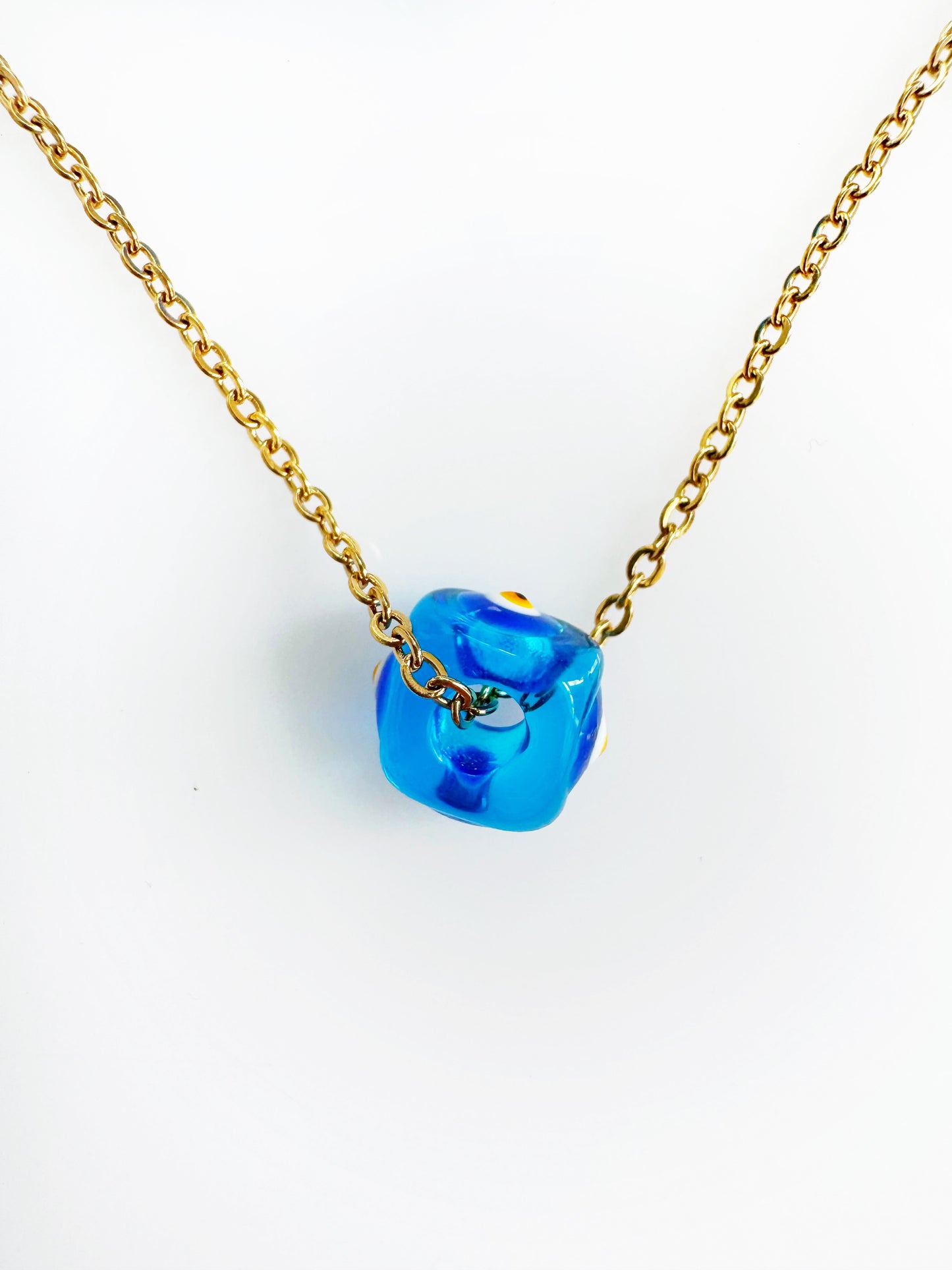 Clear Glass Evil Eye 360 Cube Necklace