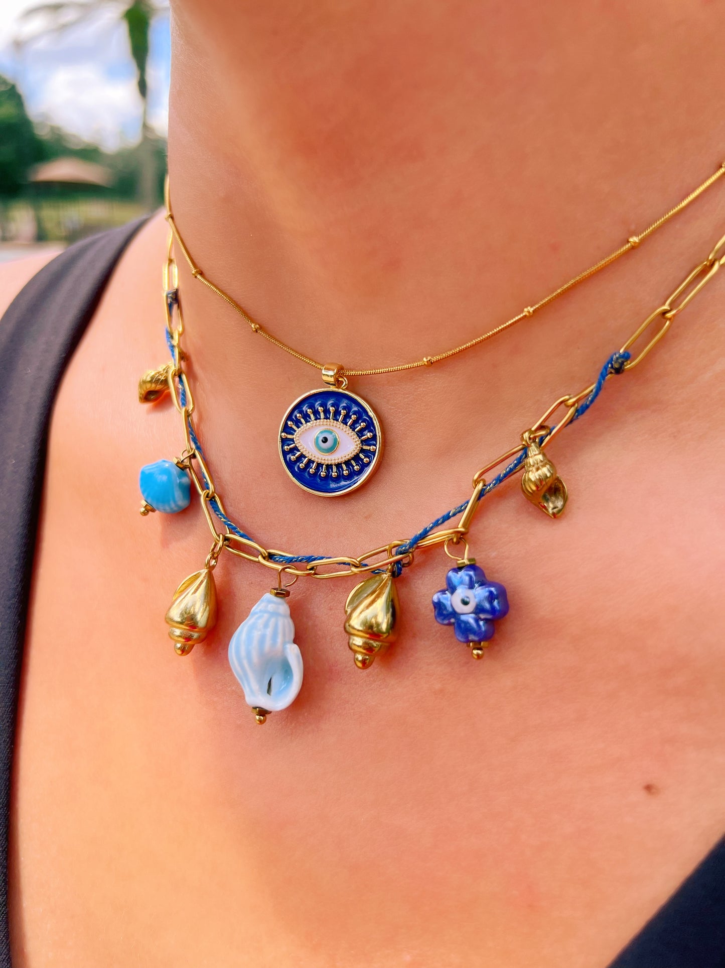 Blue Seashell & Evil Eye Charm Necklace