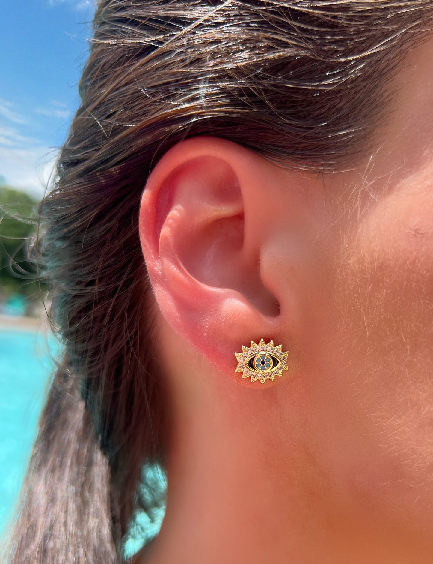 Sunburst Evil Eye Studs – Turquoise Mosaic & Gold
