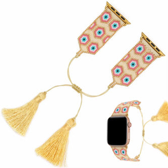 Pink Evil Eye Miyuki Beaded Tassel Watch Strap (italia bracelet included)