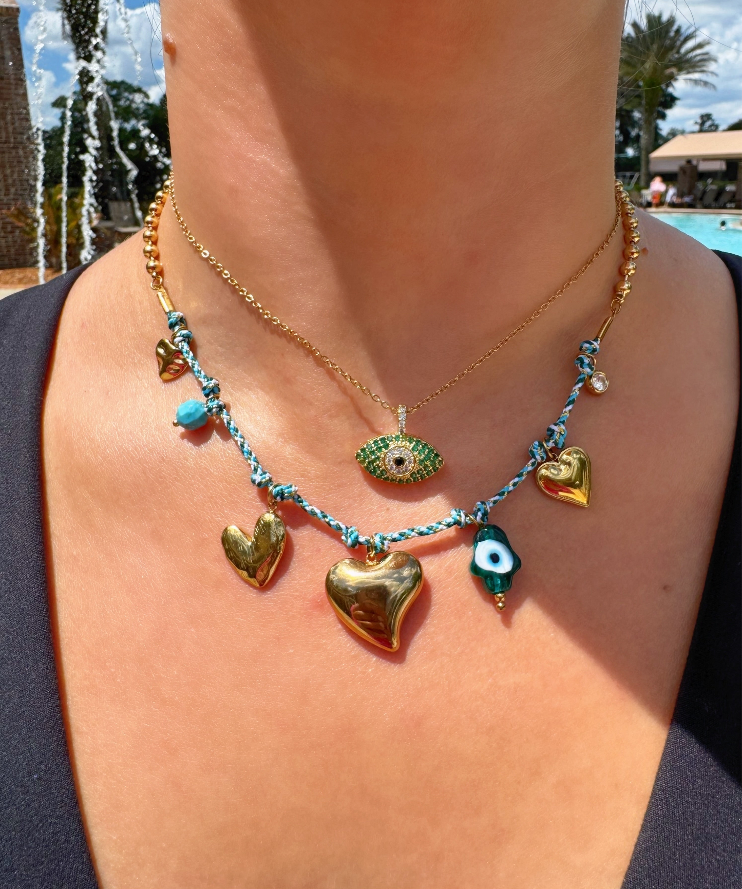 Golden Hearts & Glass Hamsa Necklace