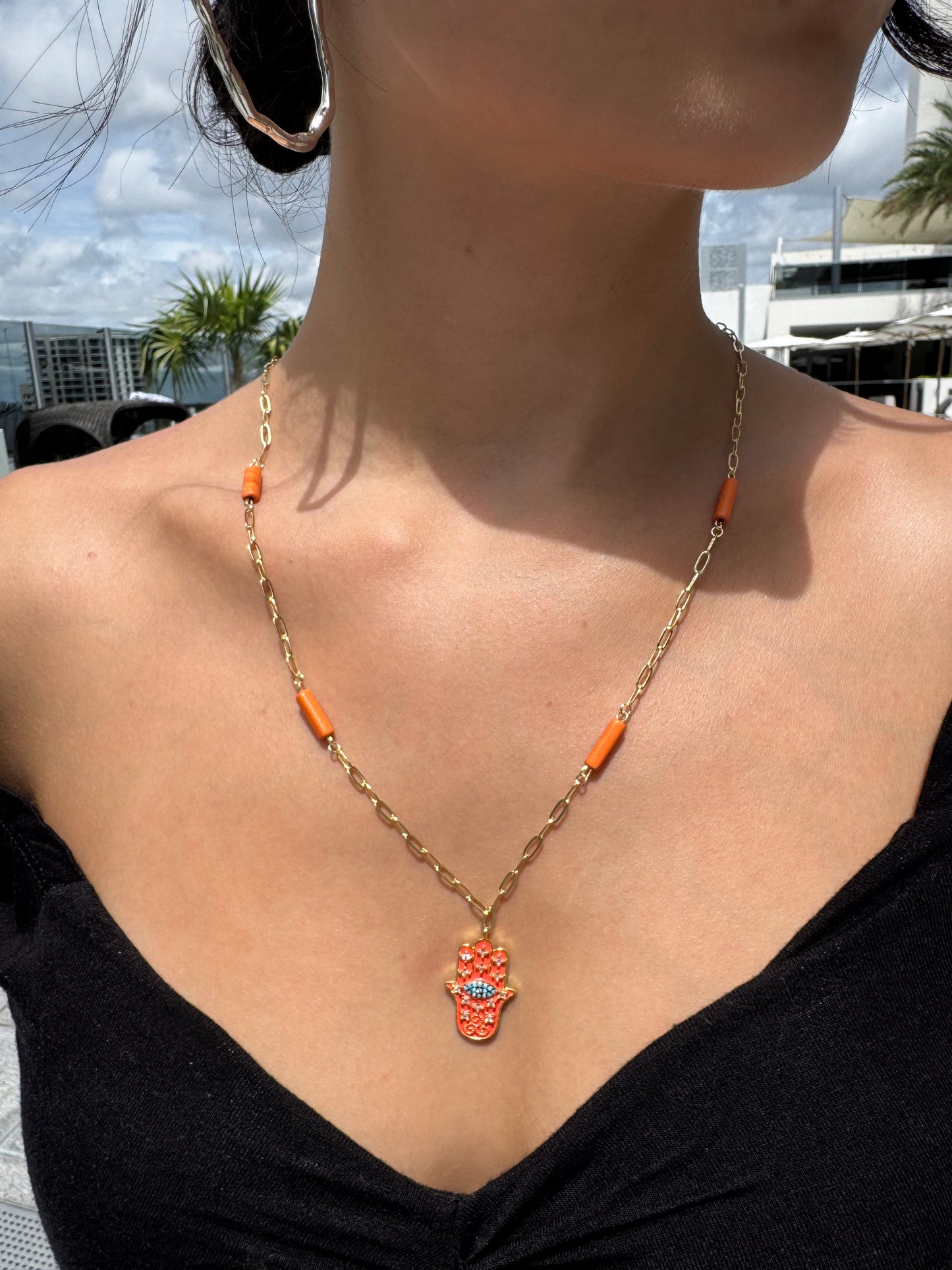 Orange Hamsa Hand Layering Necklace