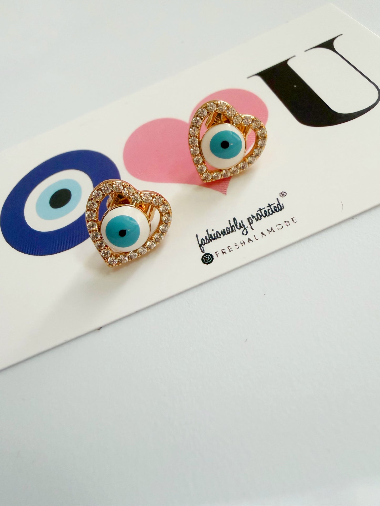 Evil Eye Crystal Heart Studs