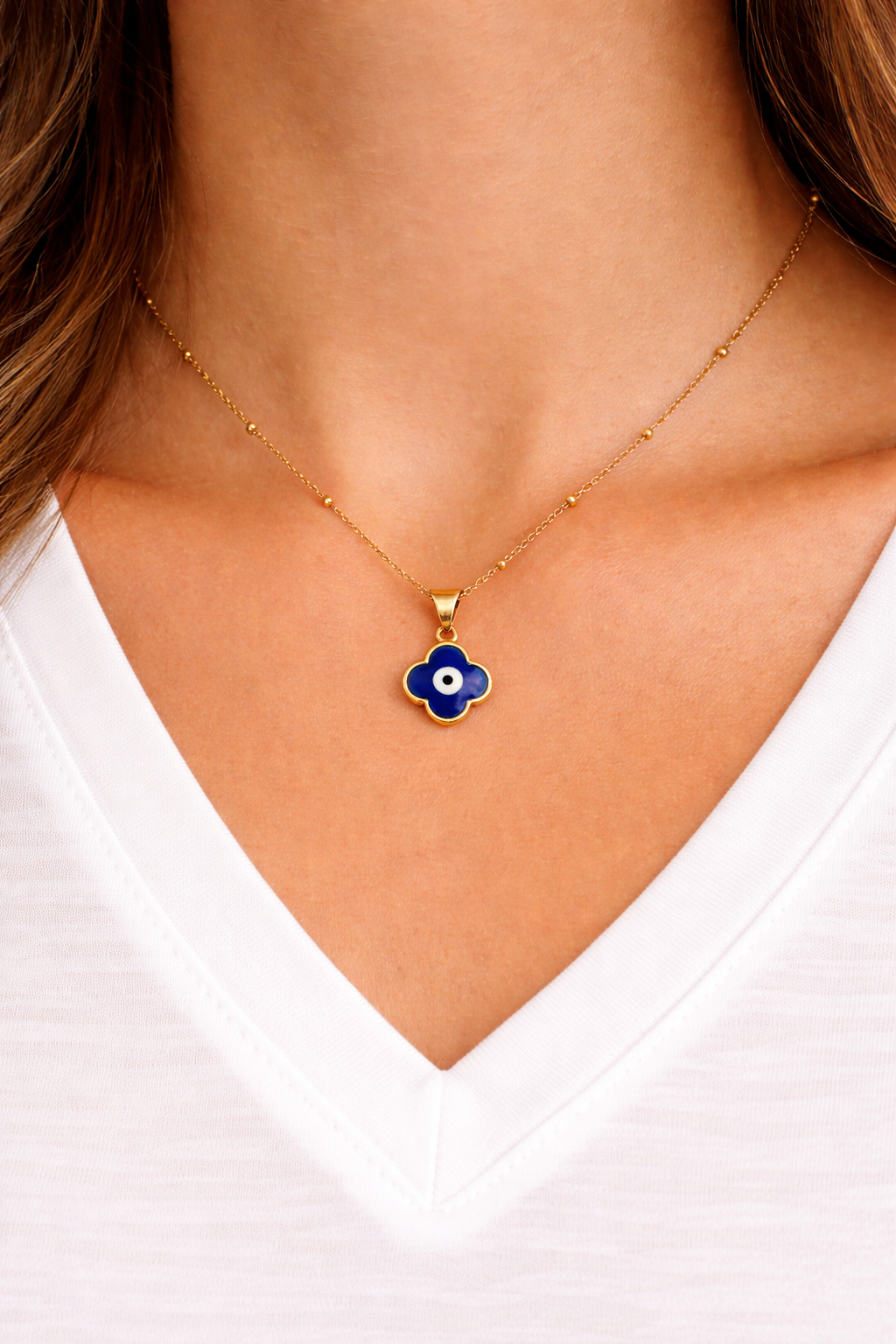 Clover Blue Evil Eye Pendant Necklace