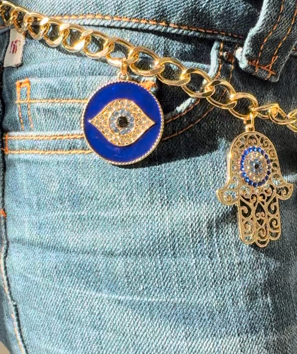 Pave Evil Eye and Hamsa Hearted Golden Charm Chain Belt