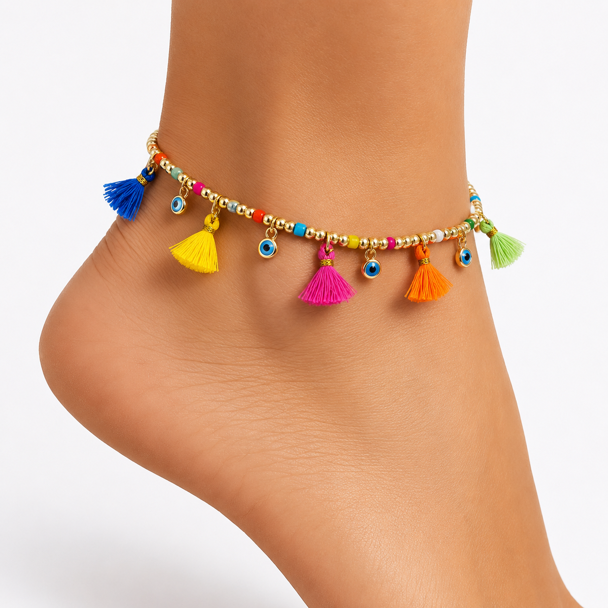 Colorful Tassel Evil Eye Anklet | Gold Beaded Boho Summer Beach Anklet