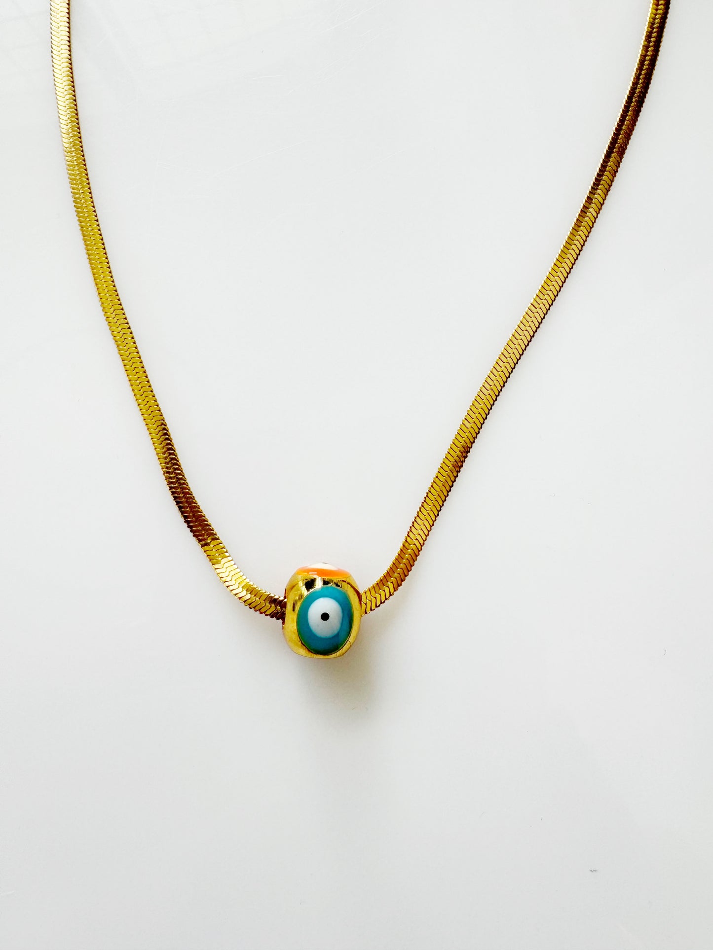 Evil Eye Large Hand painted Golden Cube Charm Necklace Herringbone Chain