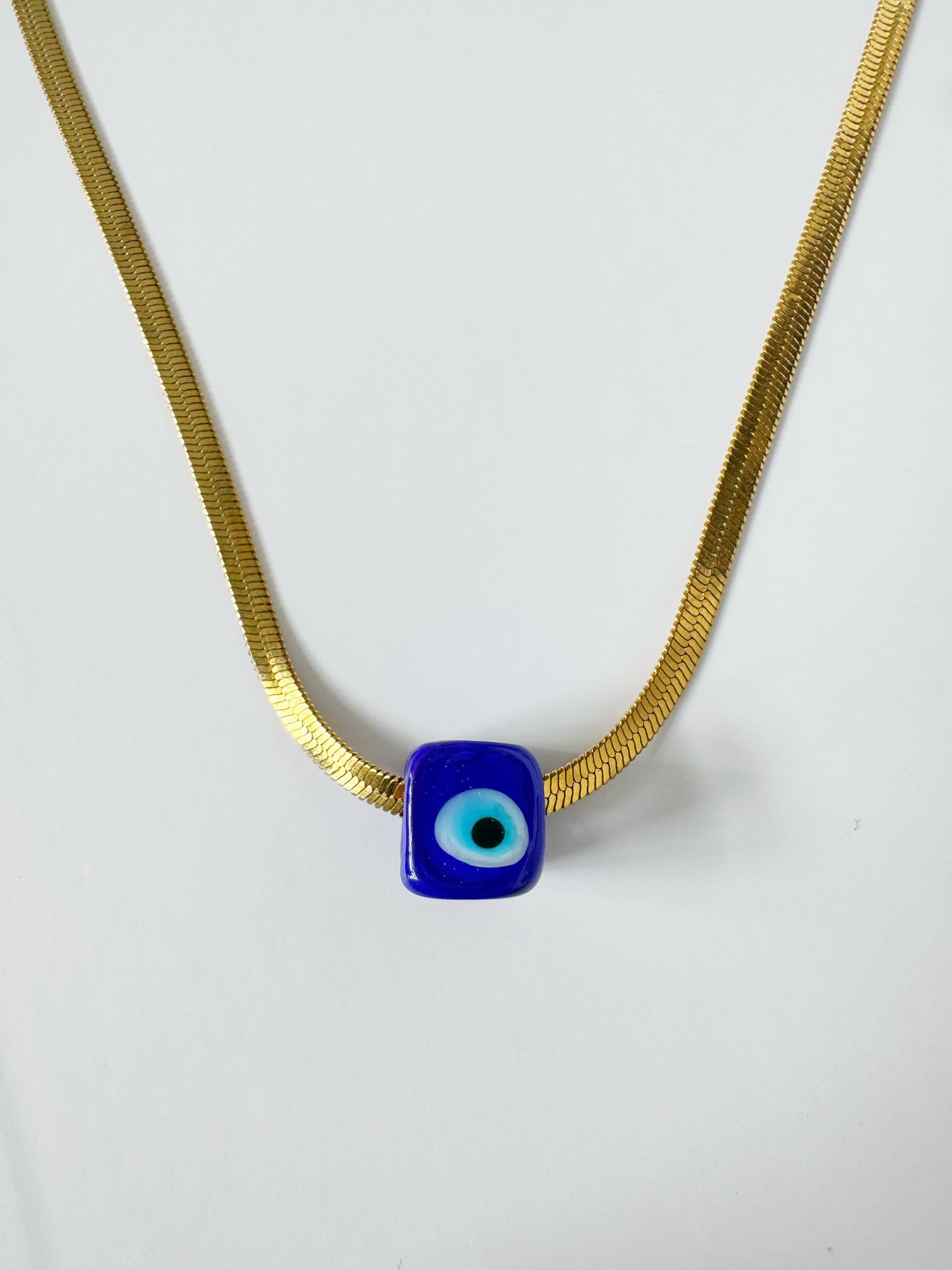 Evil Eye Blue Cube Herringbone Necklace