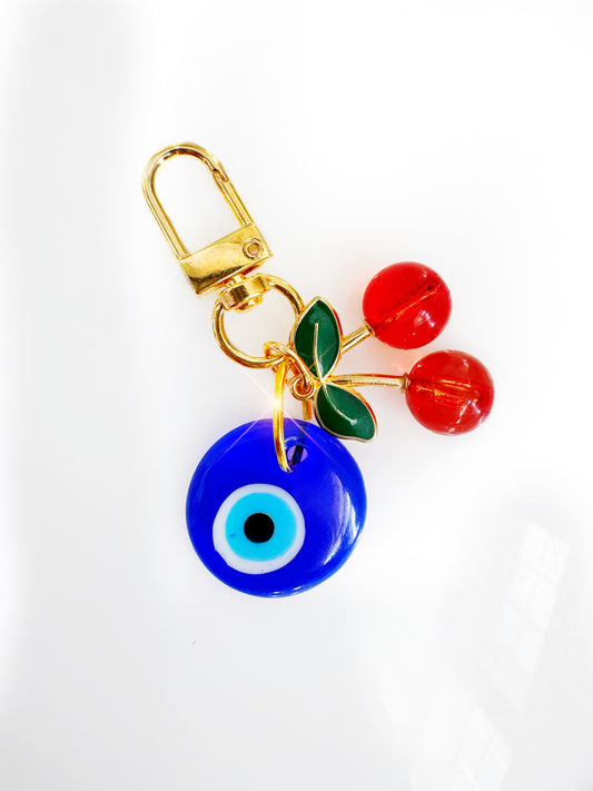 Mini Cherry & Evil Eye Clip Keychain Charm