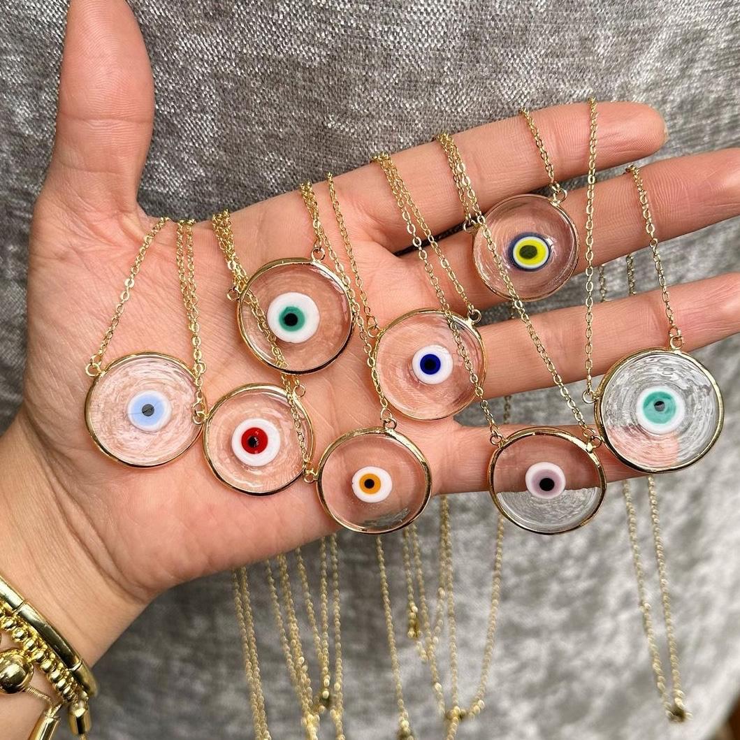 Golden Glass Brass Evil Eye Necklace with GIFT travel FP case