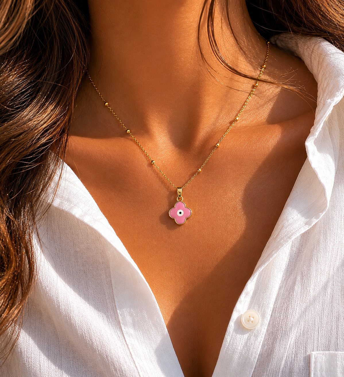 Soft Girl Pink Evil Eye Clover Necklace