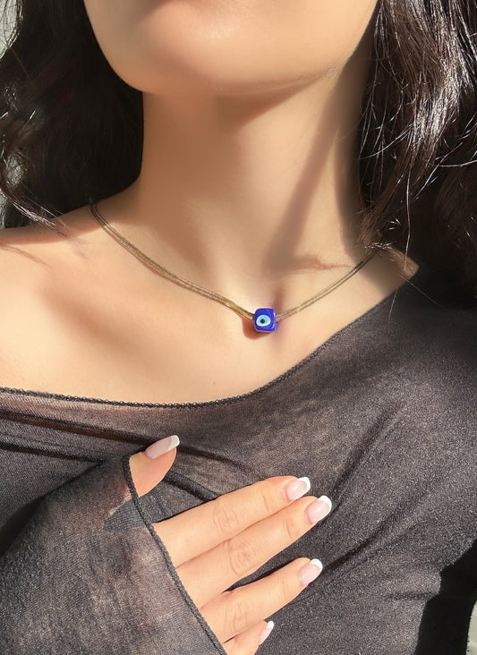 Evil Eye Blue Cube Herringbone Necklace