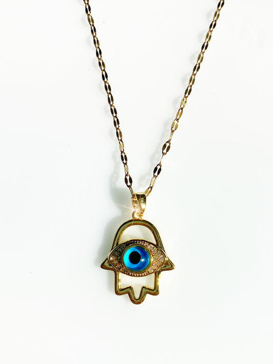 Evil Eye Hamsa Crystal Charm Necklace