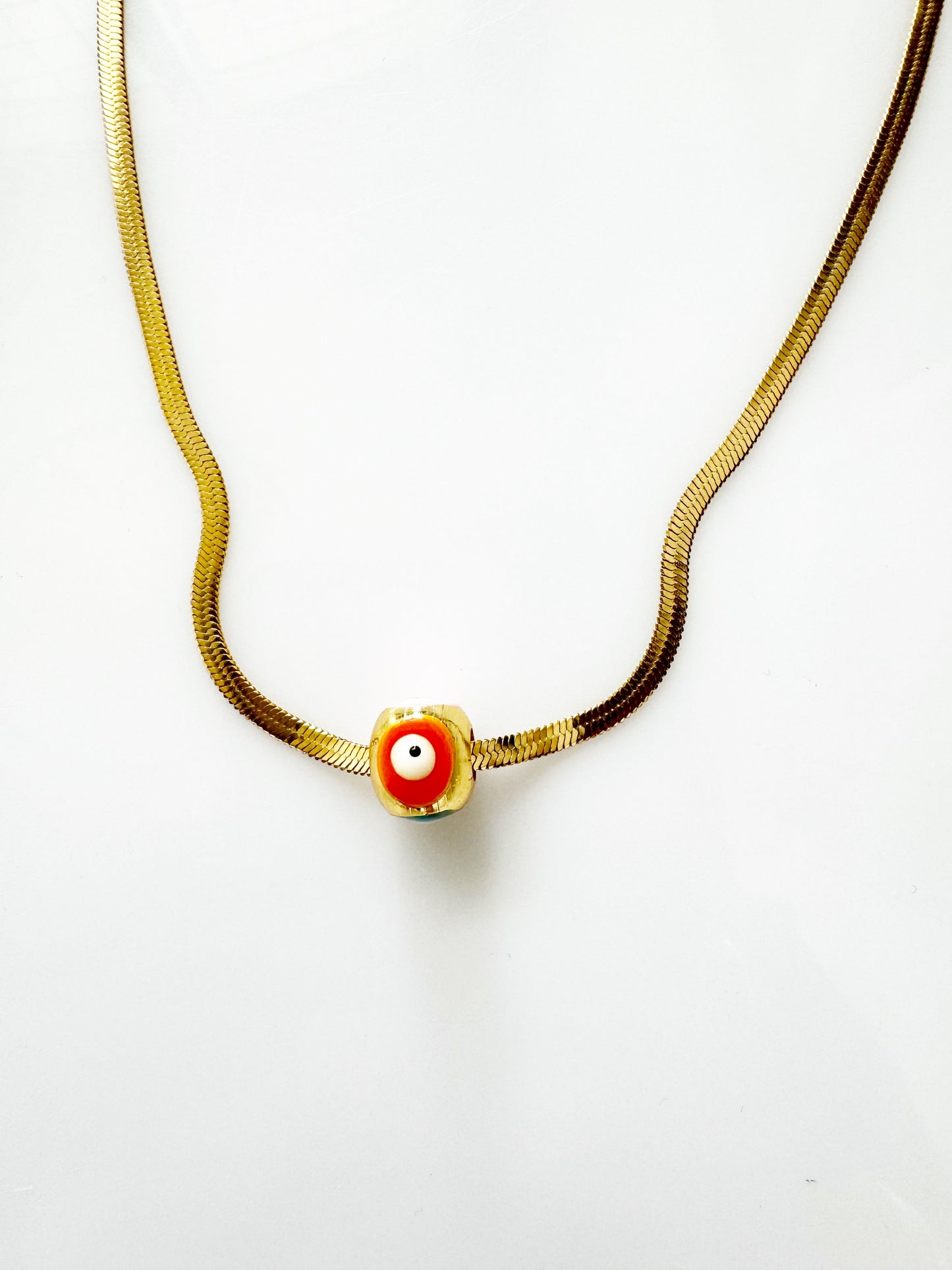 Evil Eye Large Hand painted Golden Cube Charm Necklace Herringbone Chain