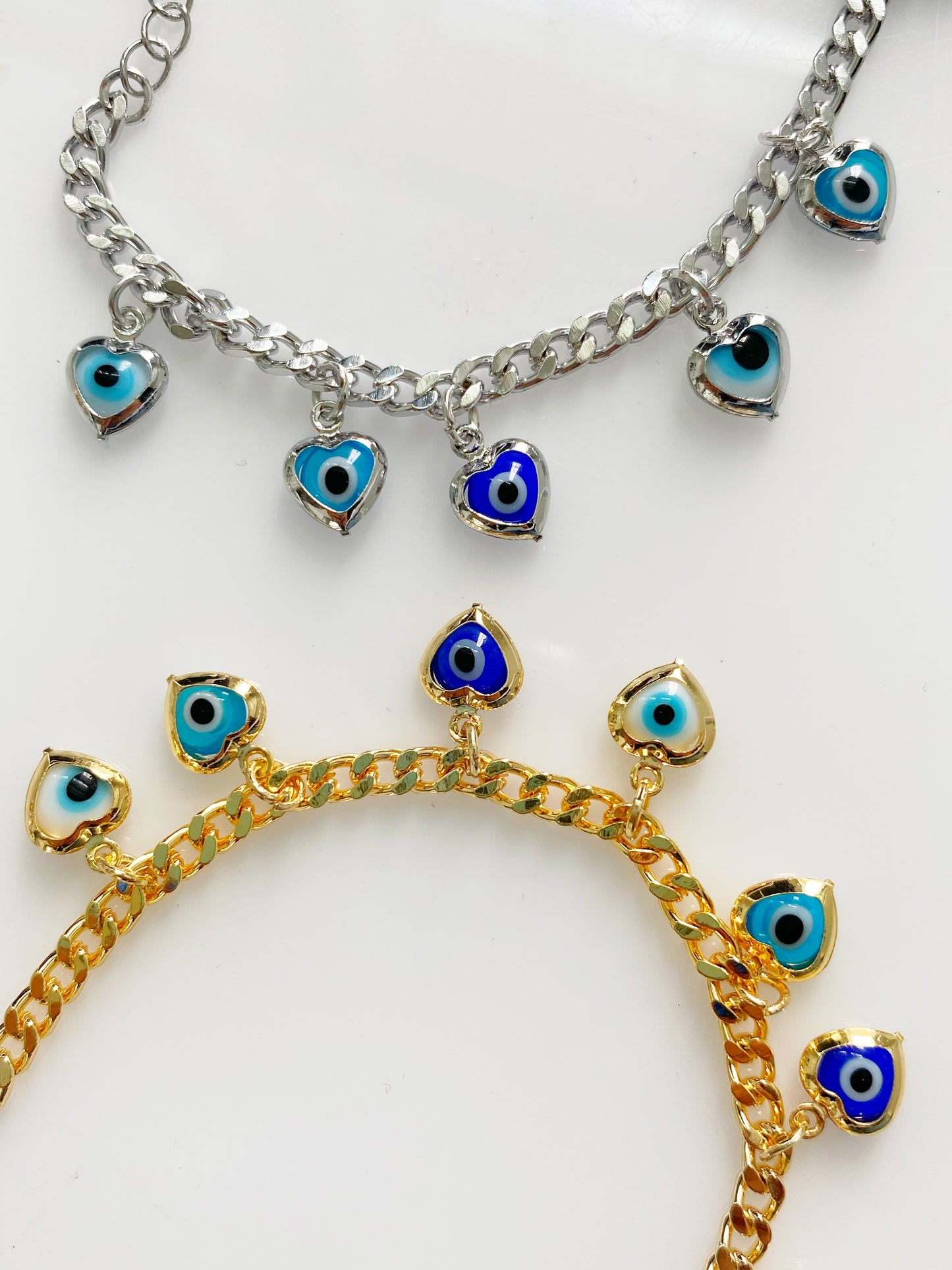 Evil Eye Heart Charmed Cuban Link Bracelet