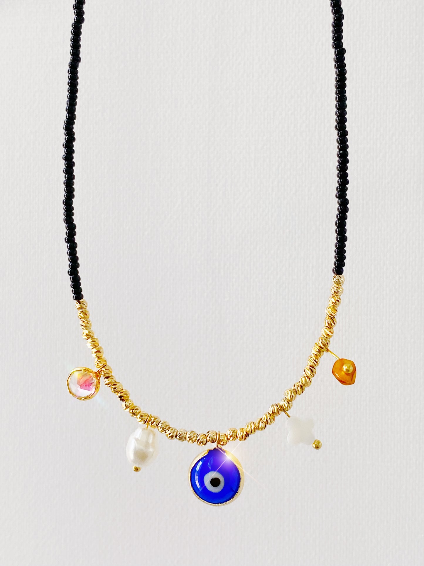 Evil Eye Earthy Beaded Charm Necklace