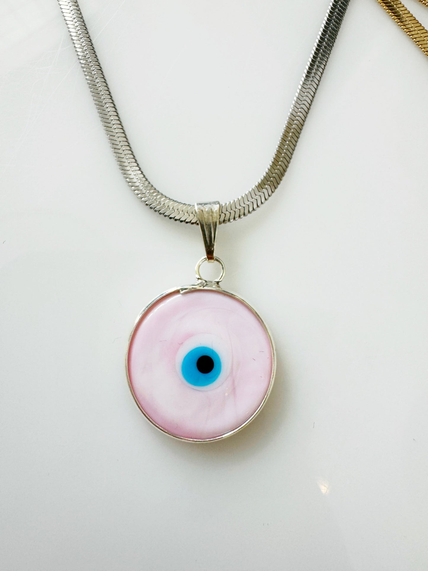 Pink Evil Eye Glass Amulet Necklace Herringbone Chain SILVER or GOLD