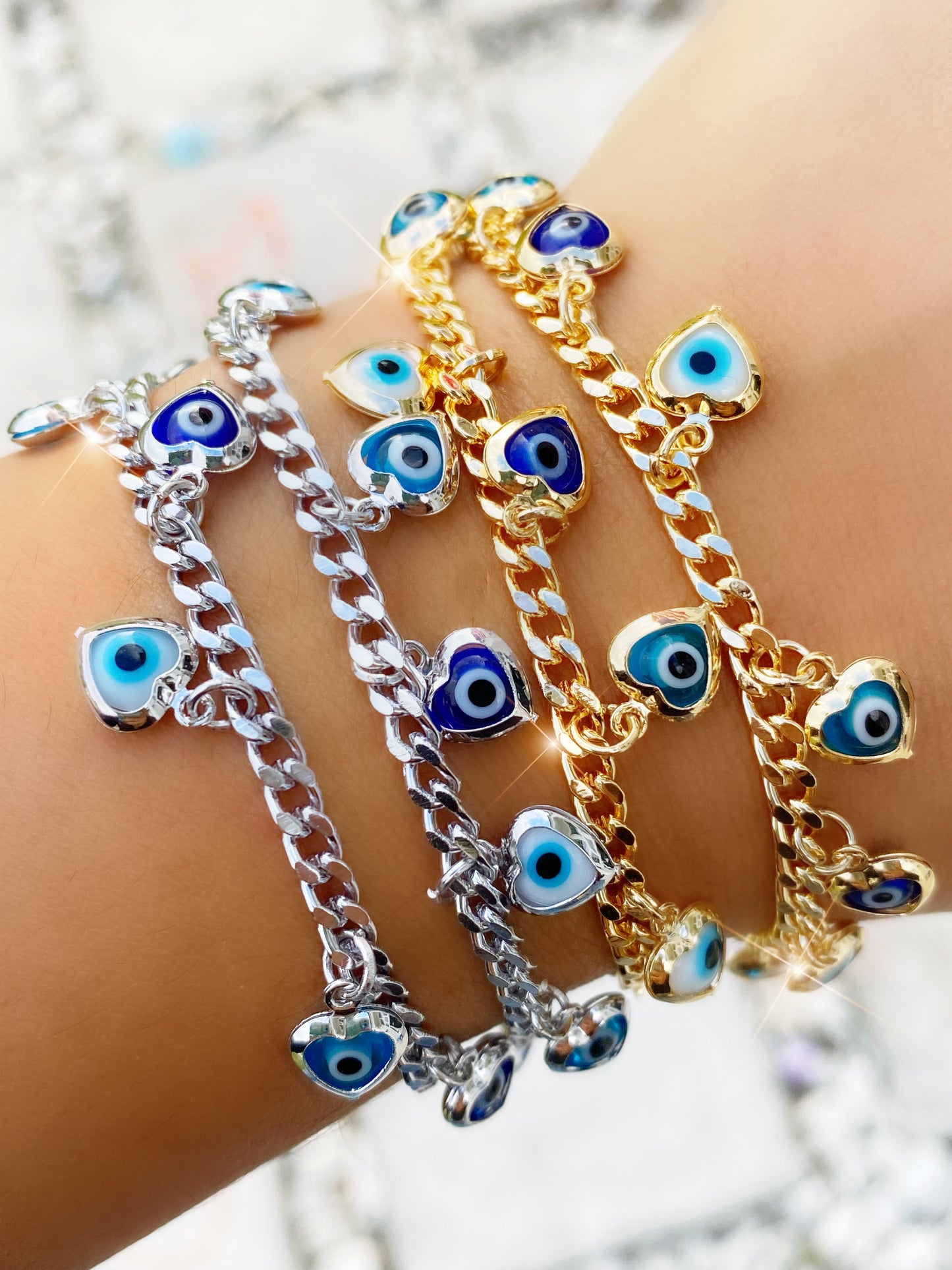 Evil Eye Heart Charmed Cuban Link Bracelet