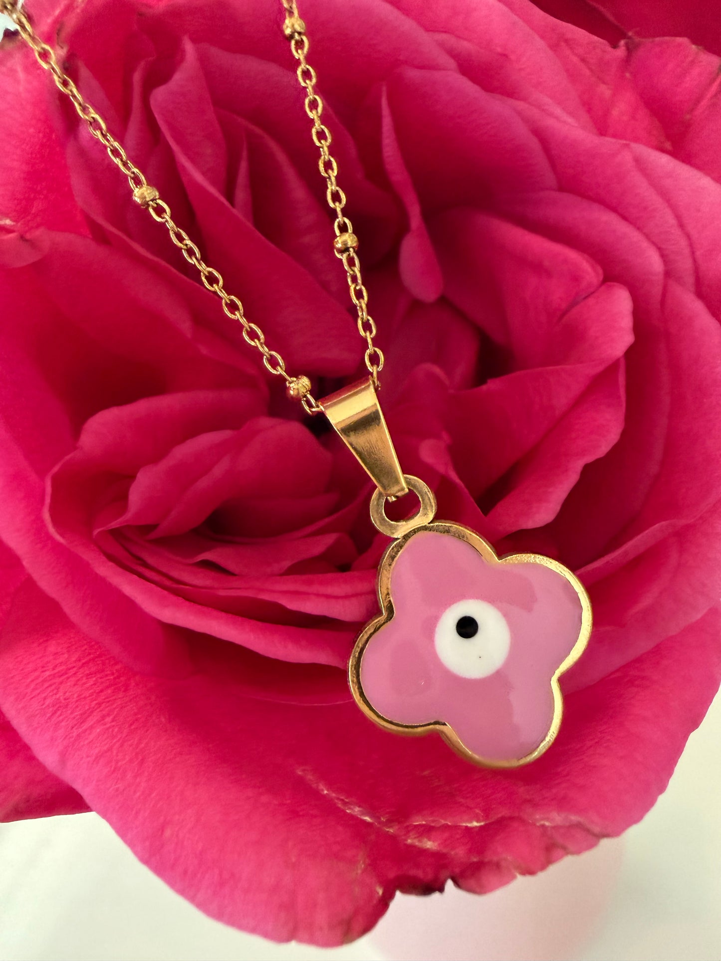 Soft Girl Pink Evil Eye Clover Necklace