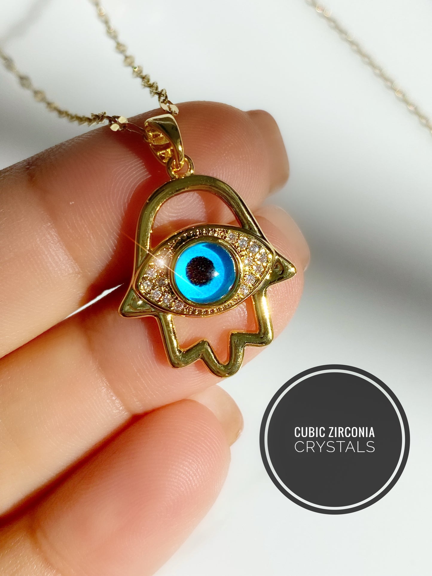 Evil Eye Hamsa Crystal Charm Necklace