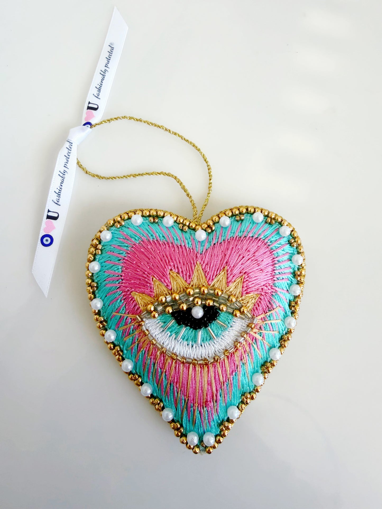 Hand Embroidered Evil Eye Heart Plush Decor includes GIFTBAG