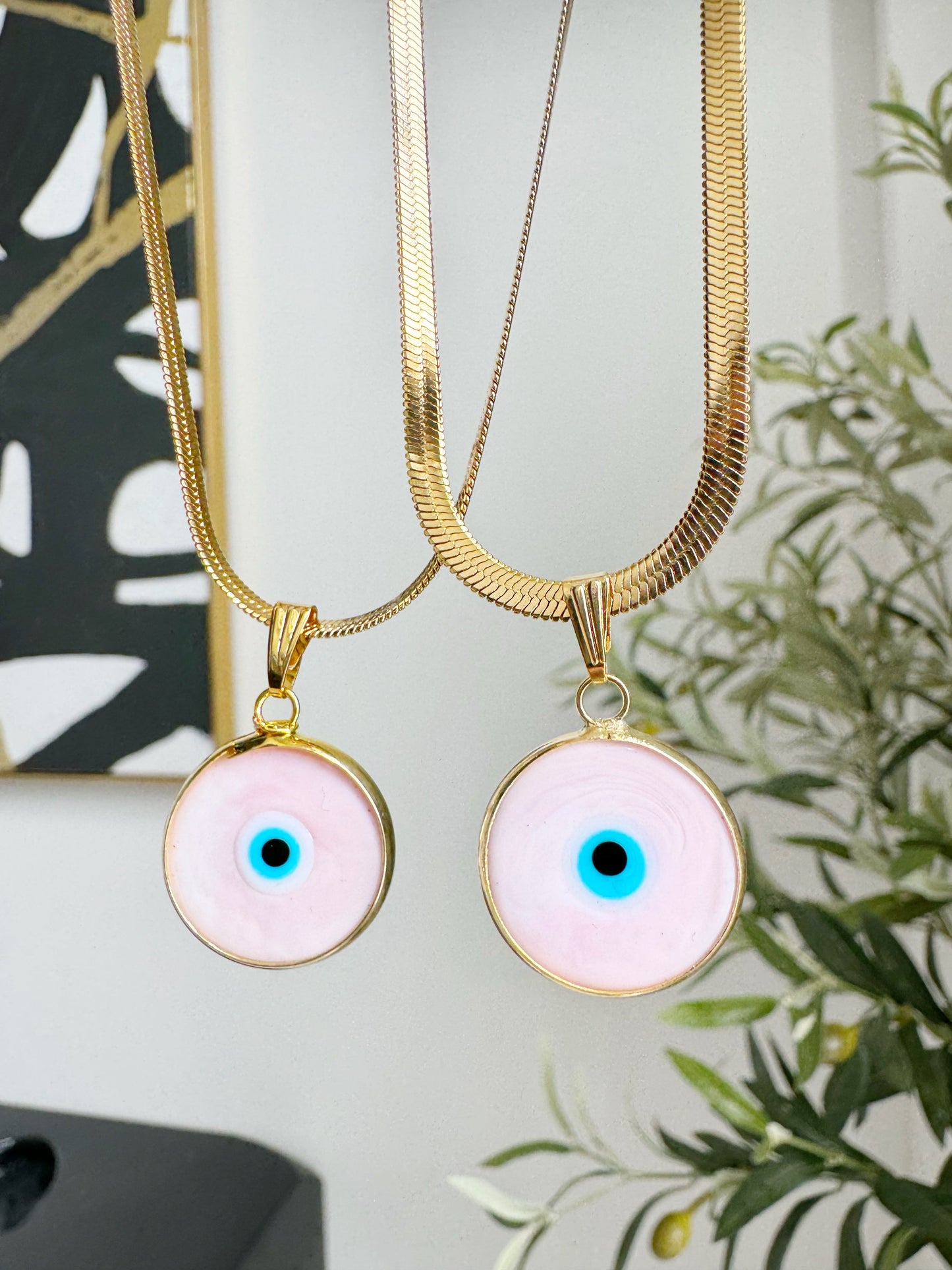 Pink Evil Eye Glass Amulet Necklace Herringbone Chain SILVER or GOLD