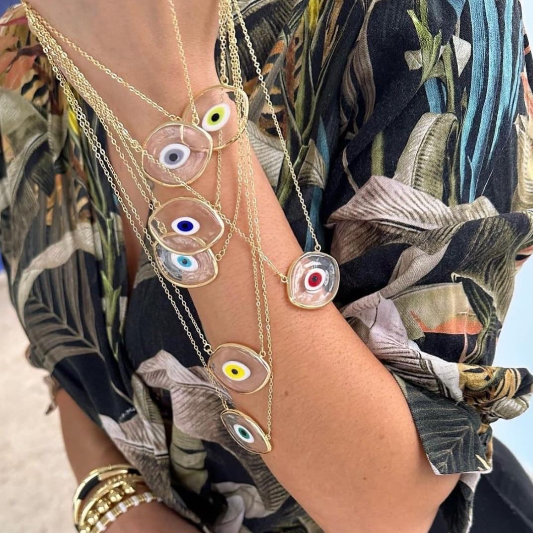 Golden Glass Brass Evil Eye Necklace with GIFT travel FP case