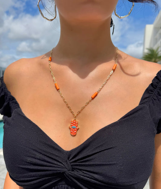 Orange Hamsa Hand Layering Necklace