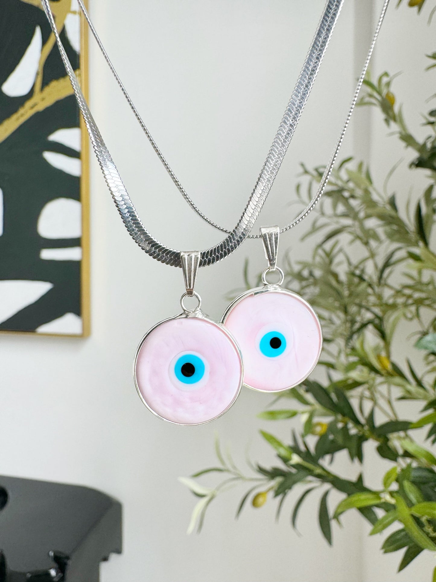 Pink Evil Eye Glass Amulet Necklace Herringbone Chain SILVER or GOLD