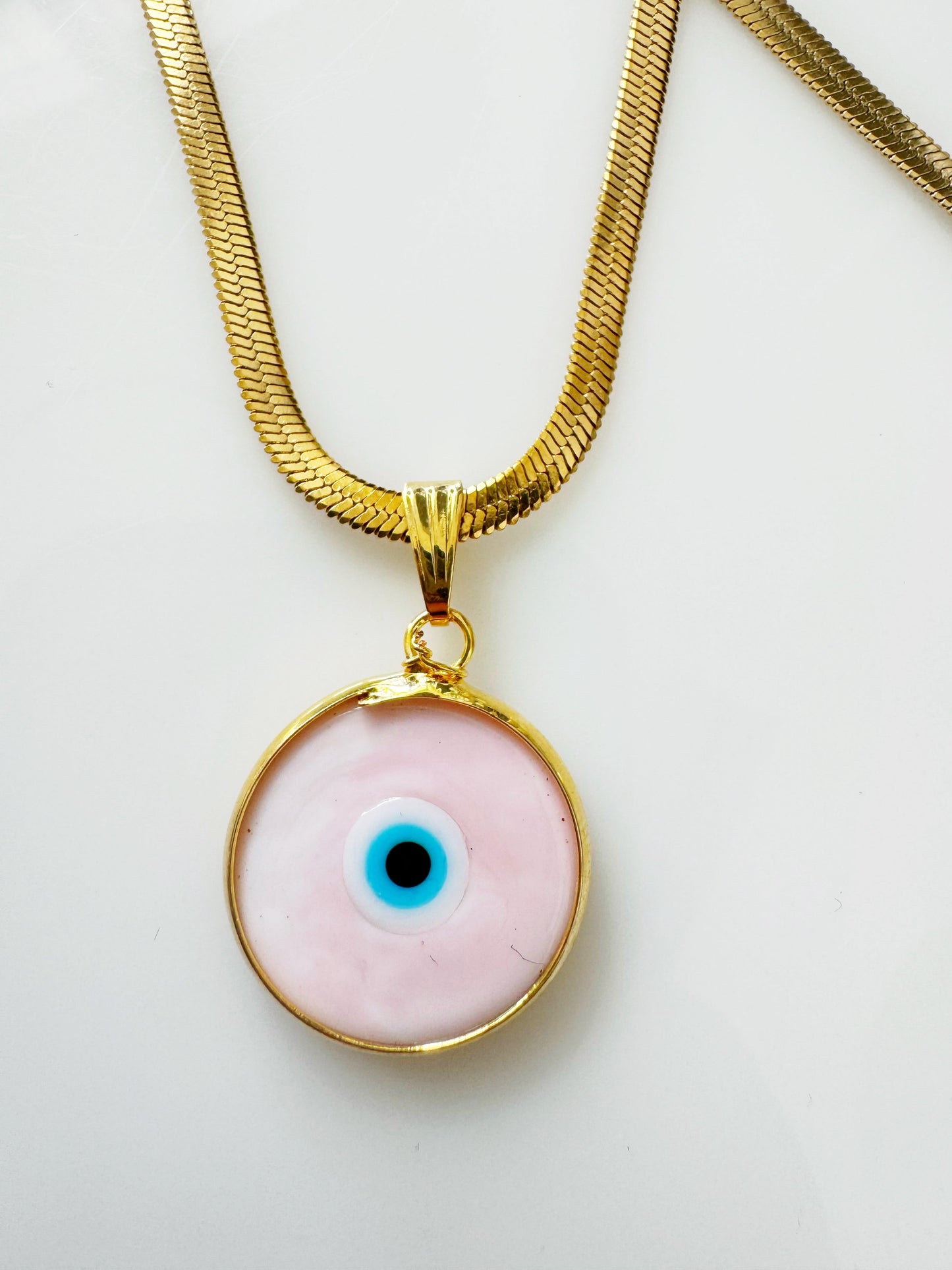 Pink Evil Eye Glass Amulet Necklace Herringbone Chain SILVER or GOLD