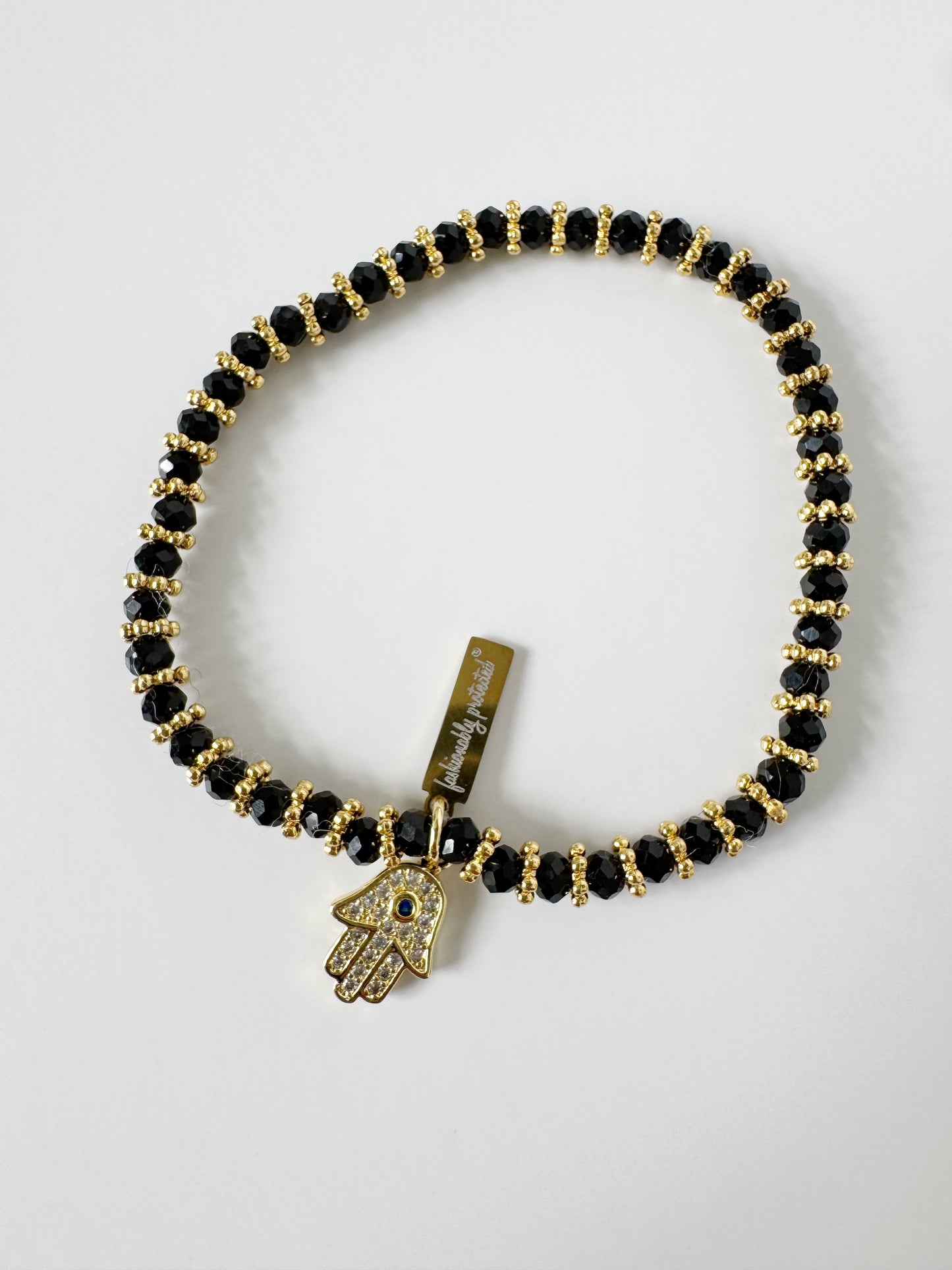 Black Crystal Beaded Hamsa Charm Bracelet