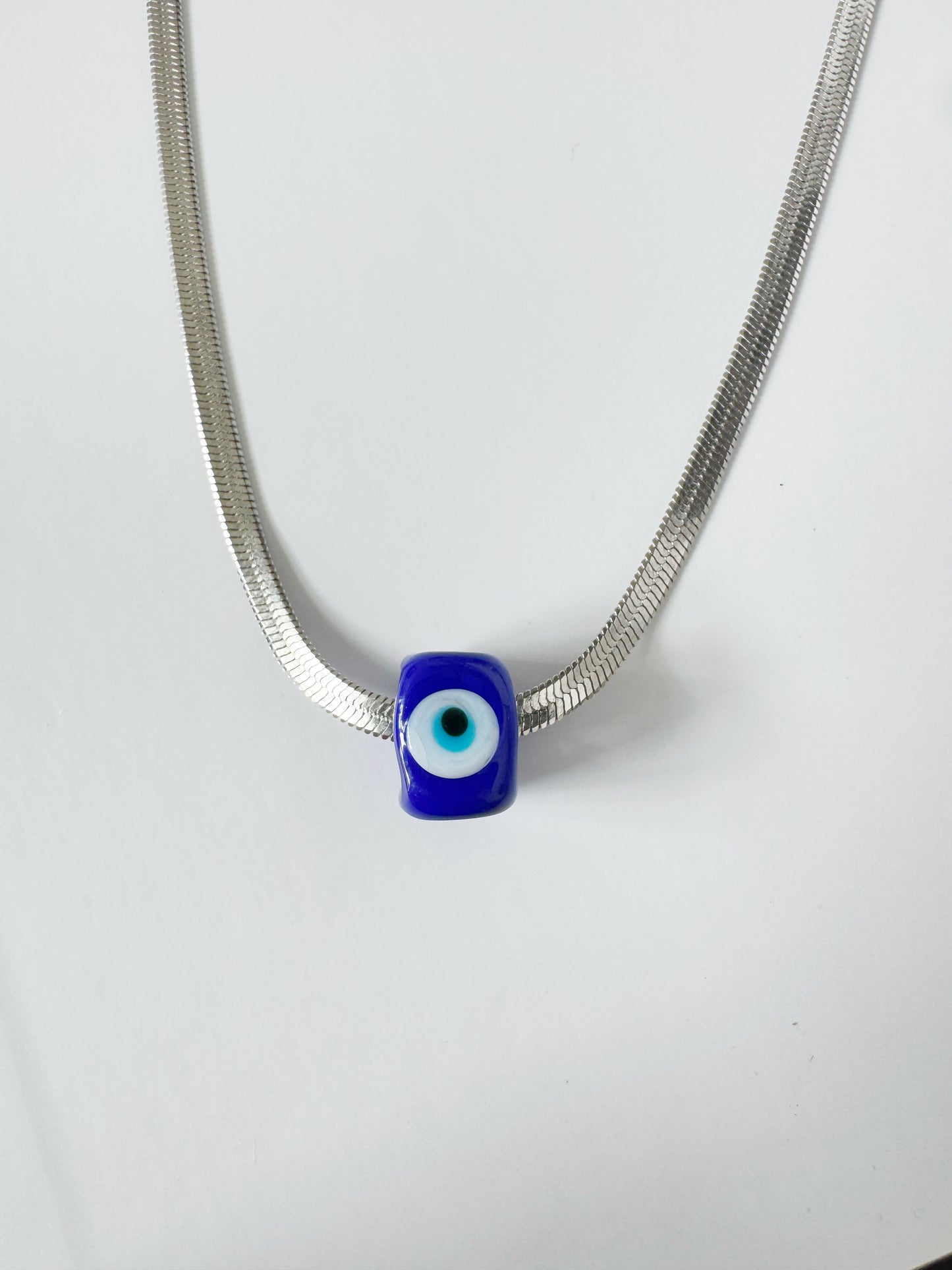Evil Eye Blue Cube Herringbone Necklace