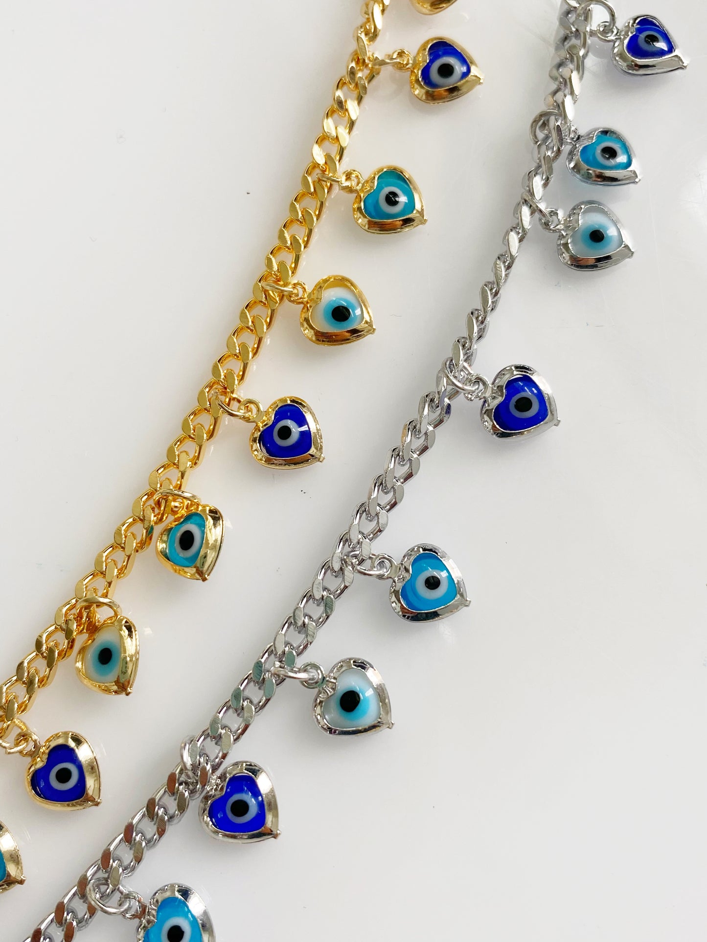 Evil Eye Heart Charmed Cuban Link Bracelet