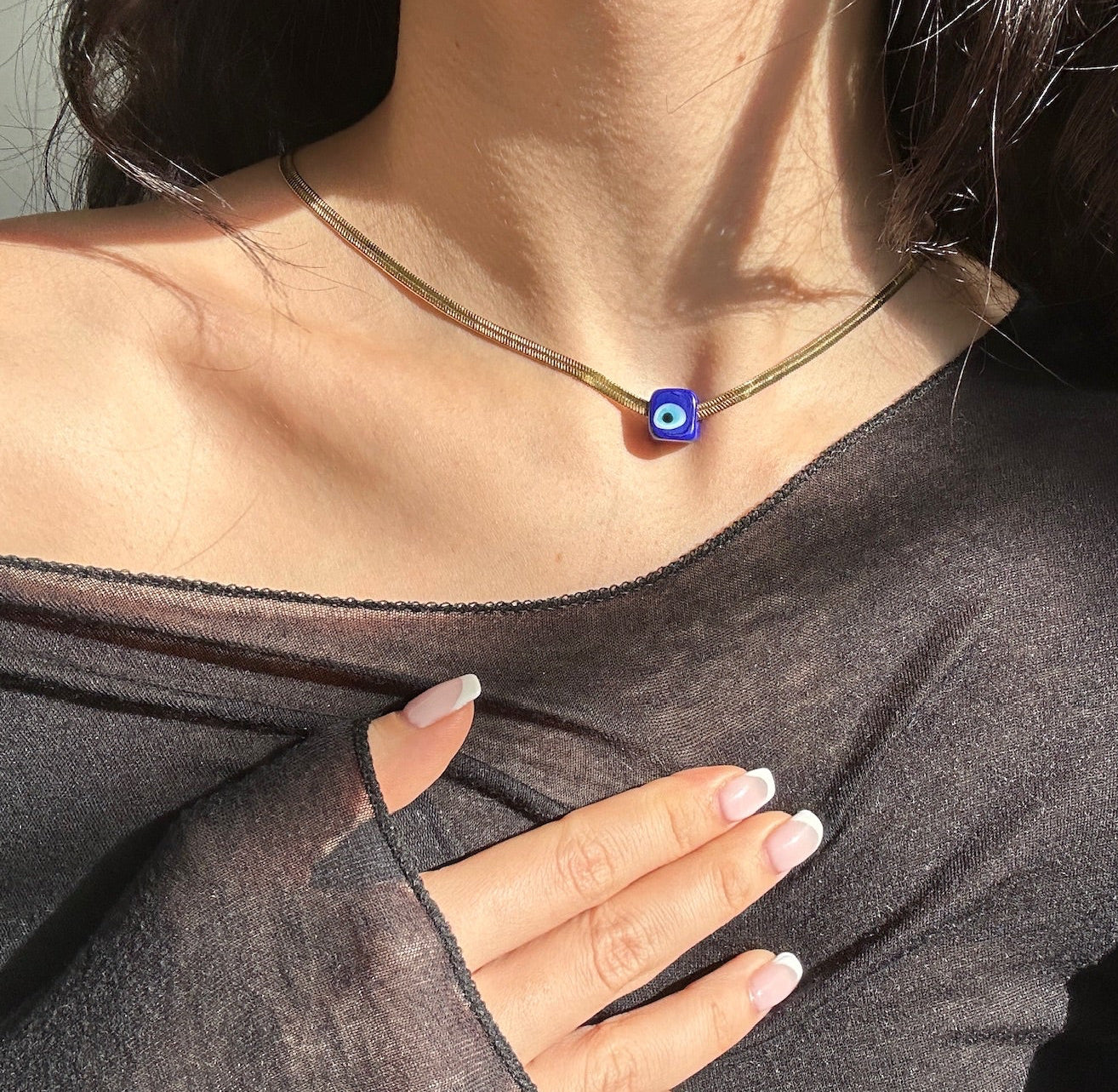 Evil Eye Blue Cube Herringbone Necklace