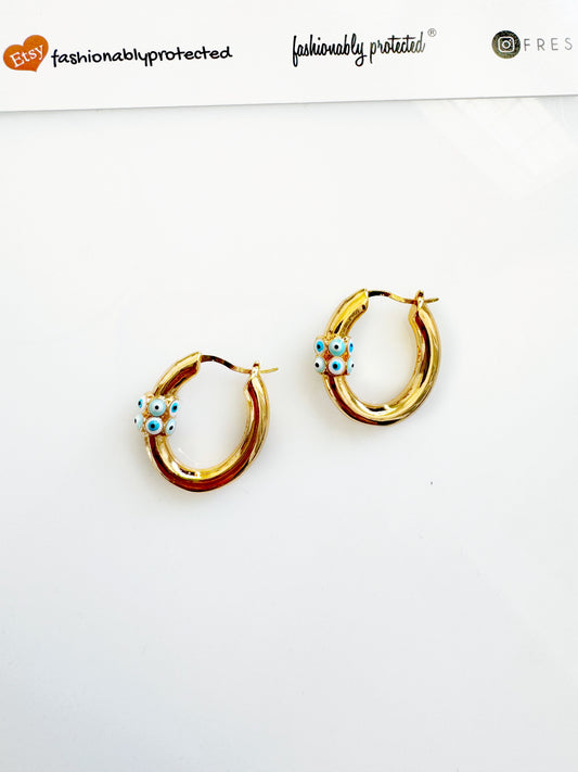 Evil Eye Handpainted Gold Rowed Hoops