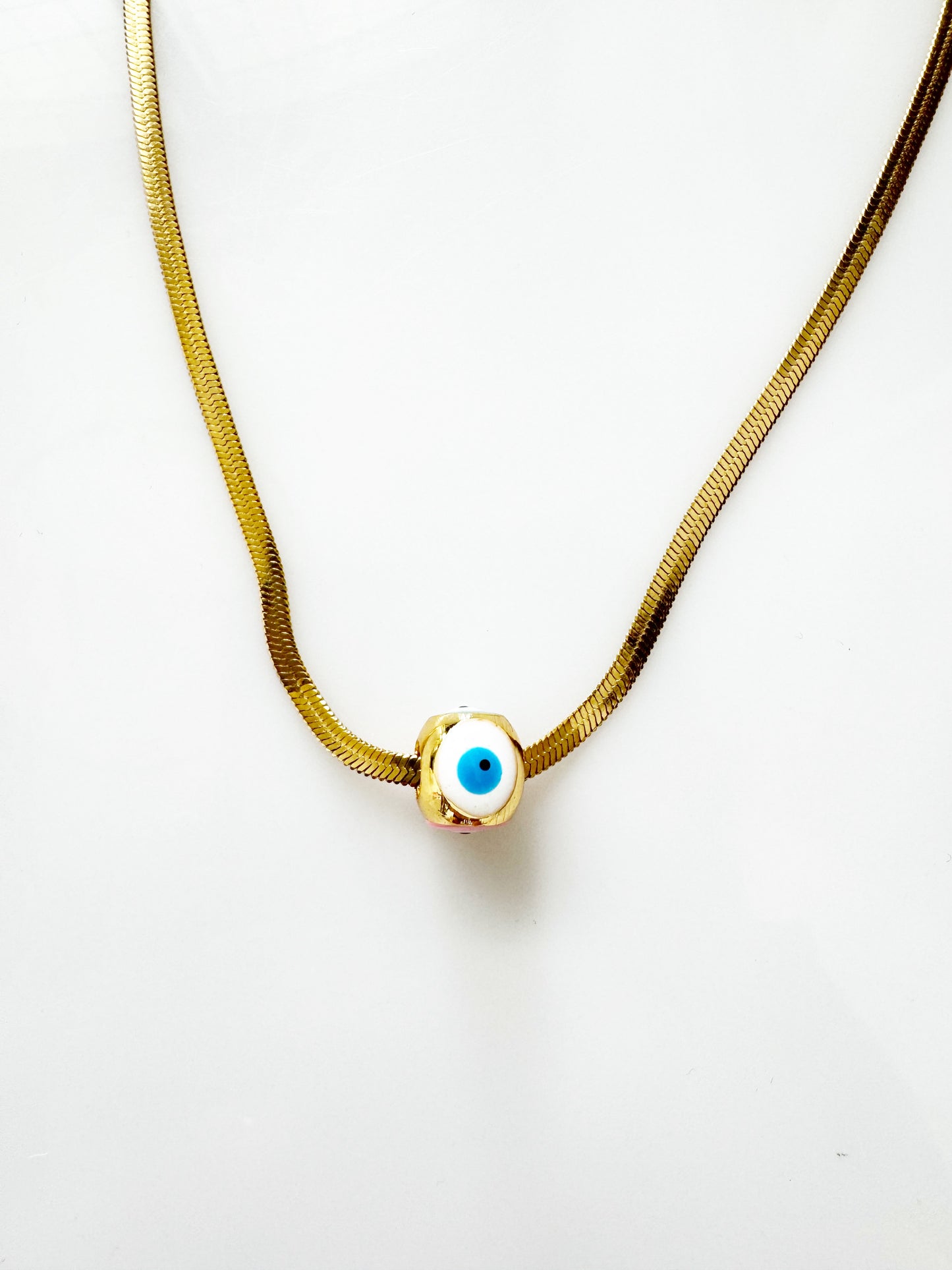 Evil Eye Large Hand painted Golden Cube Charm Necklace Herringbone Chain