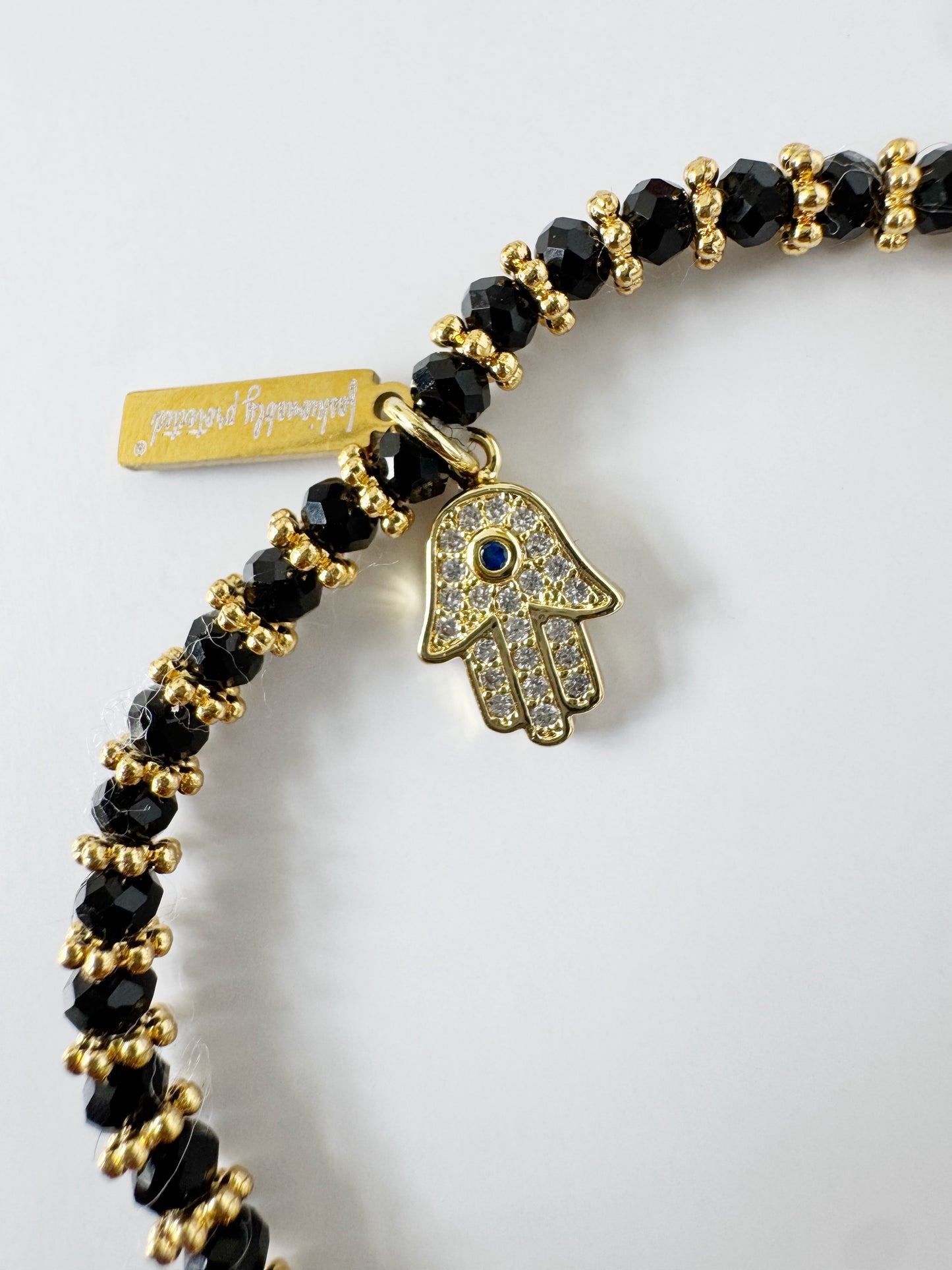 Black Crystal Beaded Hamsa Charm Bracelet